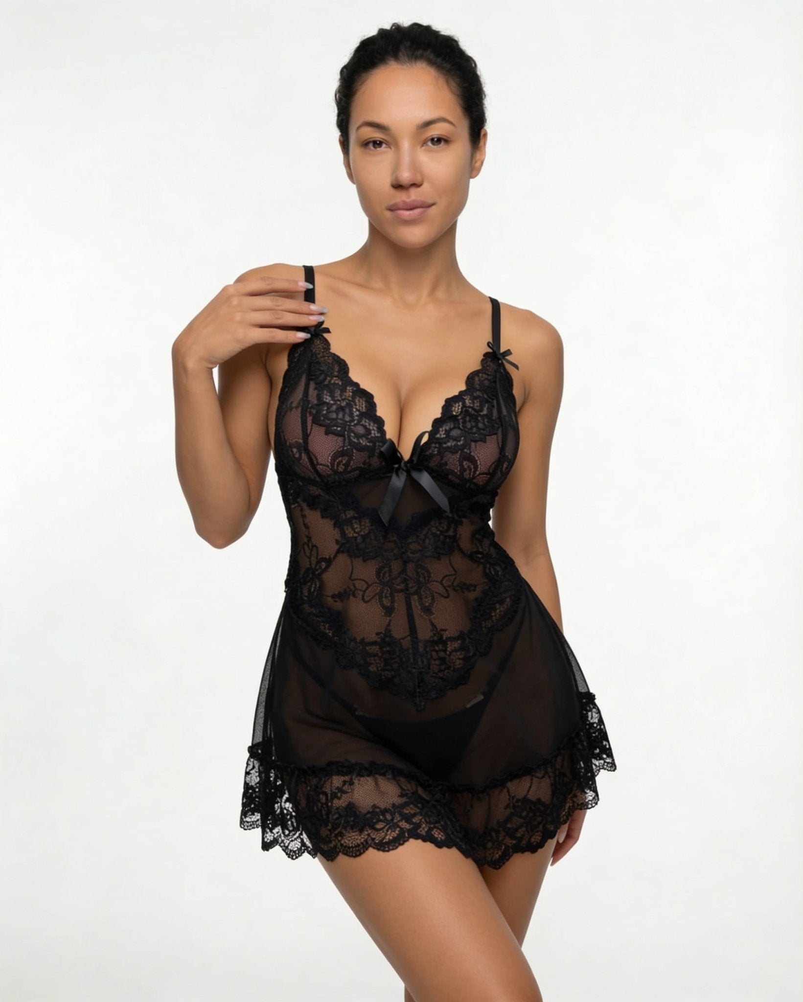 Black Sheer Mesh Lace Chemise With G-String - MARELIA
