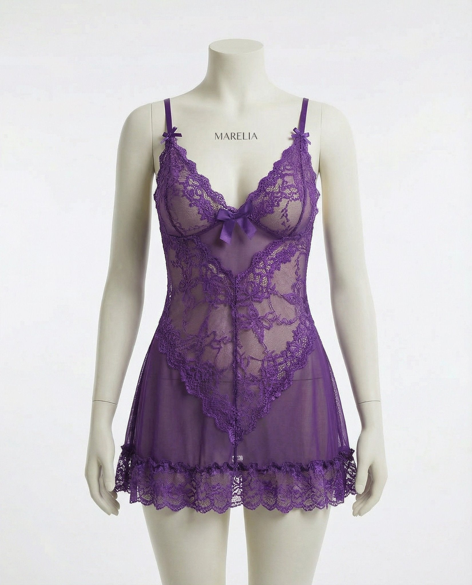 Purple Sheer Mesh Lace Chemise With G-String - MARELIA