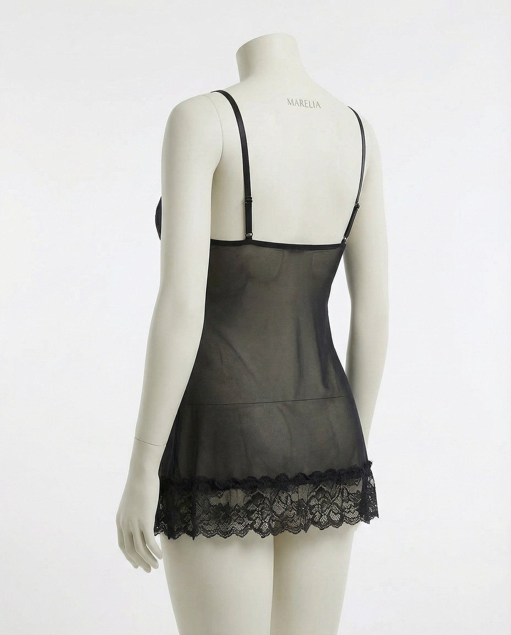 Black Sheer Mesh Lace Chemise With G-String - MARELIA