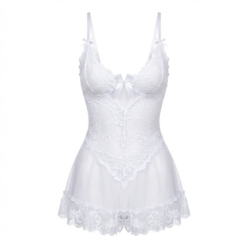 White Sheer Mesh Lace Chemise With G-String - MARELIA
