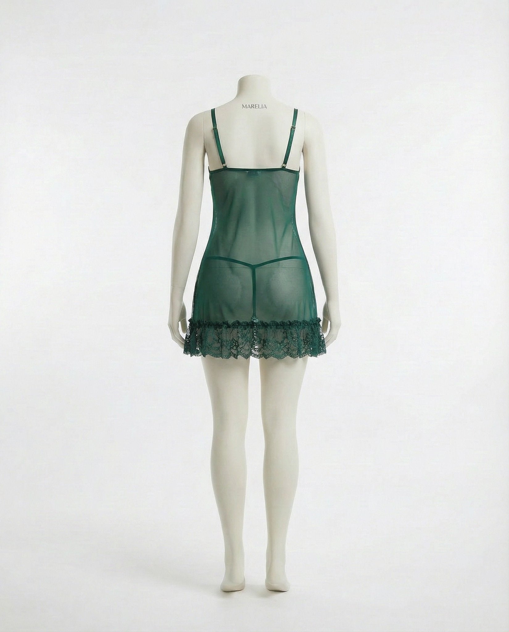 Green Sheer Mesh Lace Chemise With G-String - MARELIA