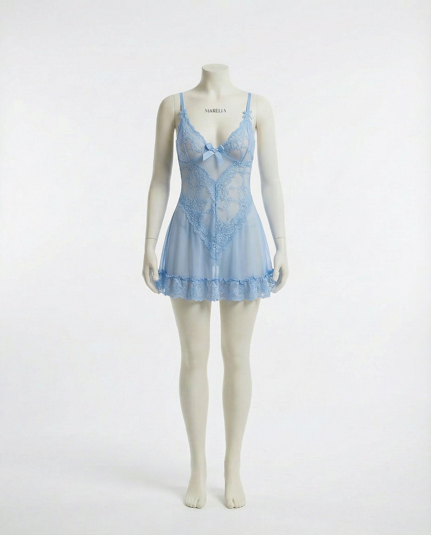 Baby Blue Sheer Mesh Lace Chemise With G-String - MARELIA