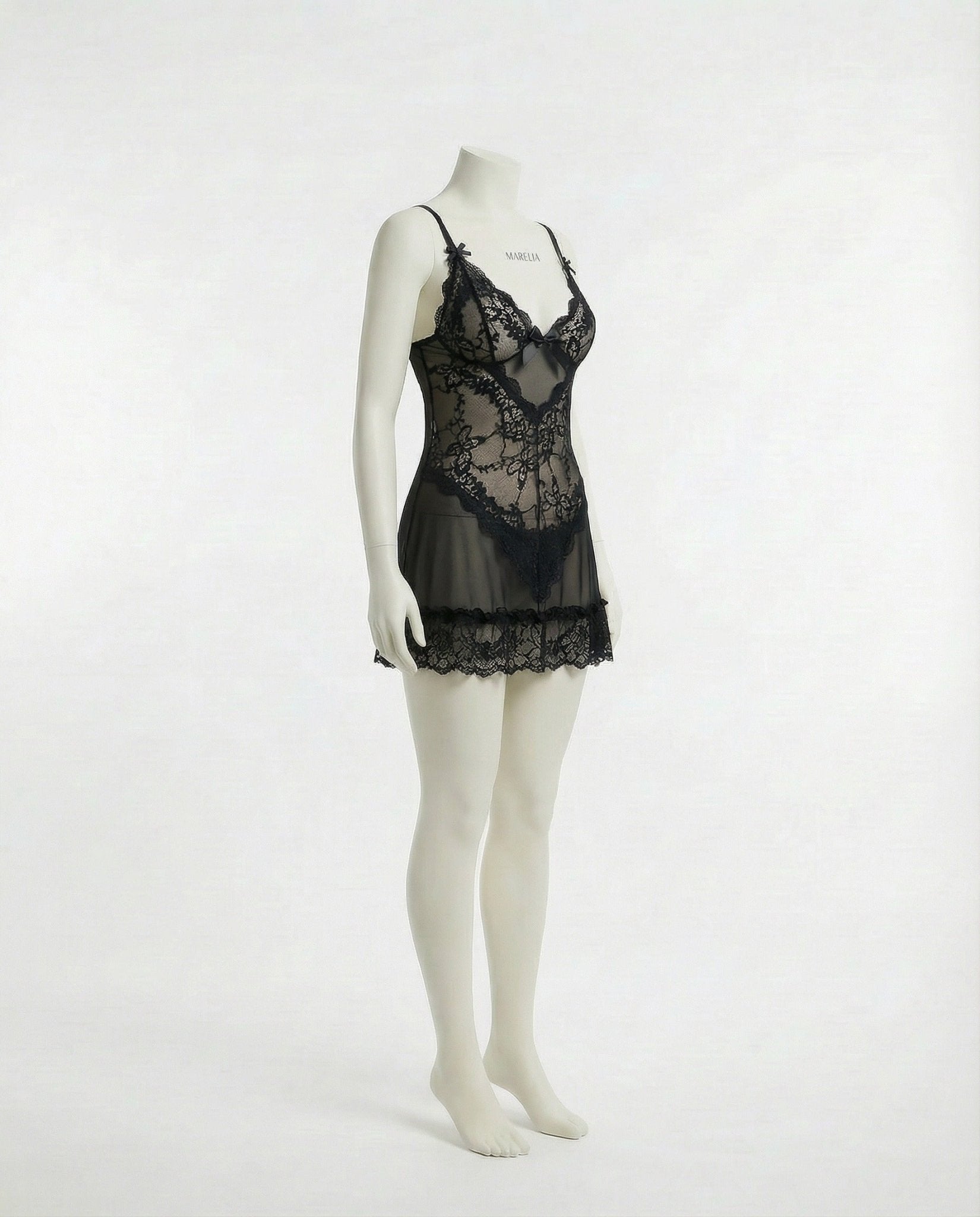 Black Sheer Mesh Lace Chemise With G-String - MARELIA