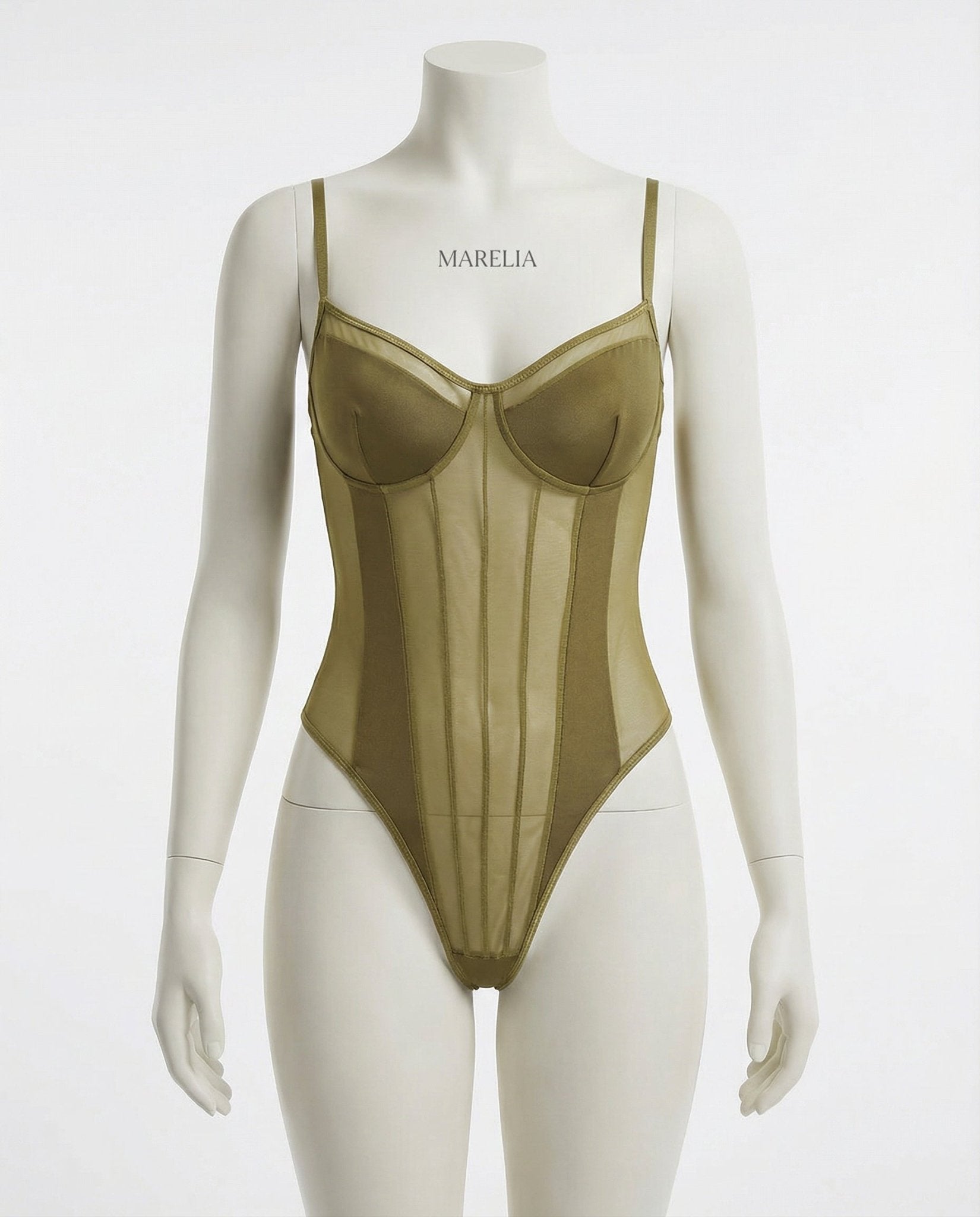 Sheer Mesh Seamed Underwire Bodysuit - MARELIA