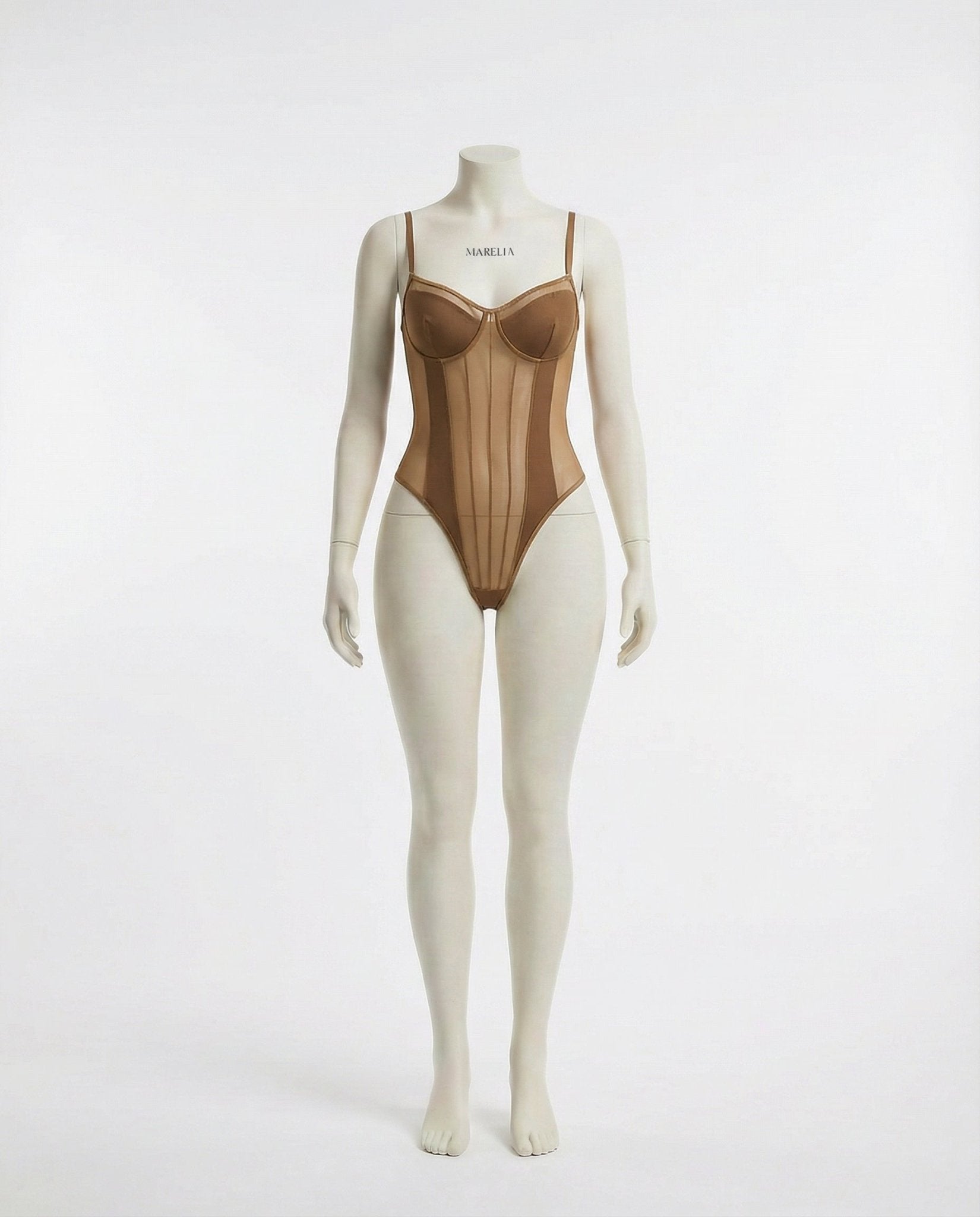 Brown Sheer Mesh Seamed Underwire Bodysuit - MARELIA