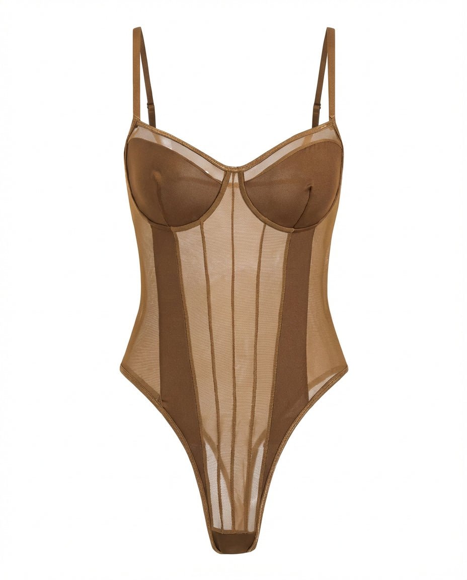 Brown Sheer Mesh Seamed Underwire Bodysuit - MARELIA