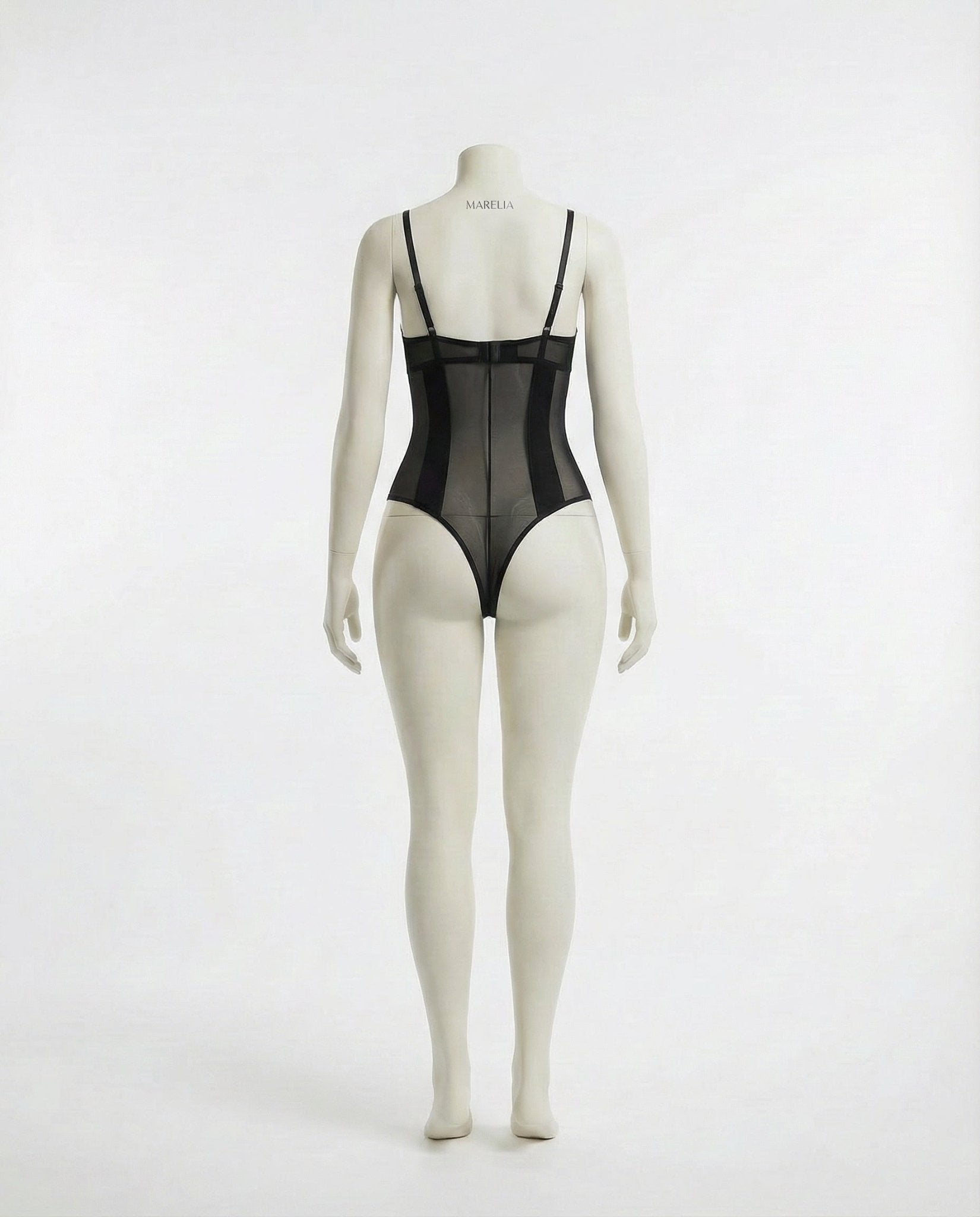 Black Sheer Mesh Seamed Underwire Bodysuit - MARELIA