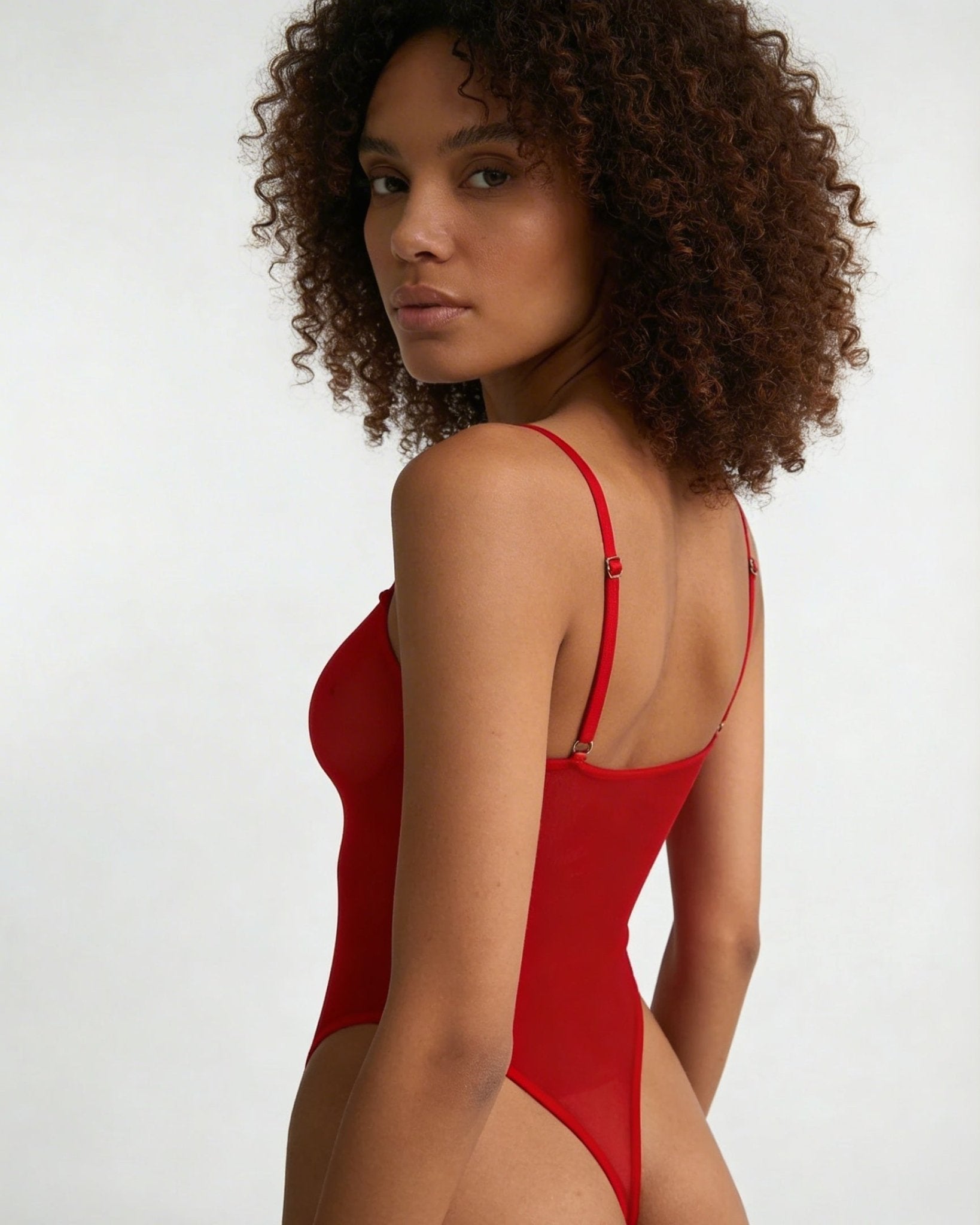Red Sheer Mesh Underwired Spaghetti Strap Bodysuit - MARELIA