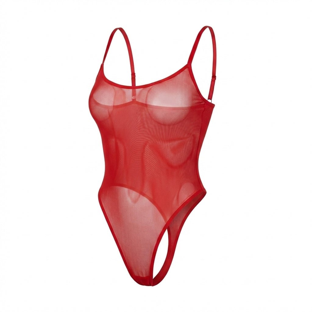 Red Sheer Mesh Underwired Spaghetti Strap Bodysuit - MARELIA