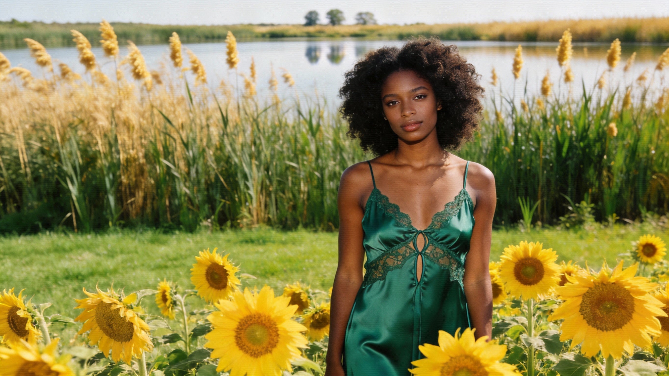 Model wearing a green slip dress standing in a field of sunflowers near a lake.