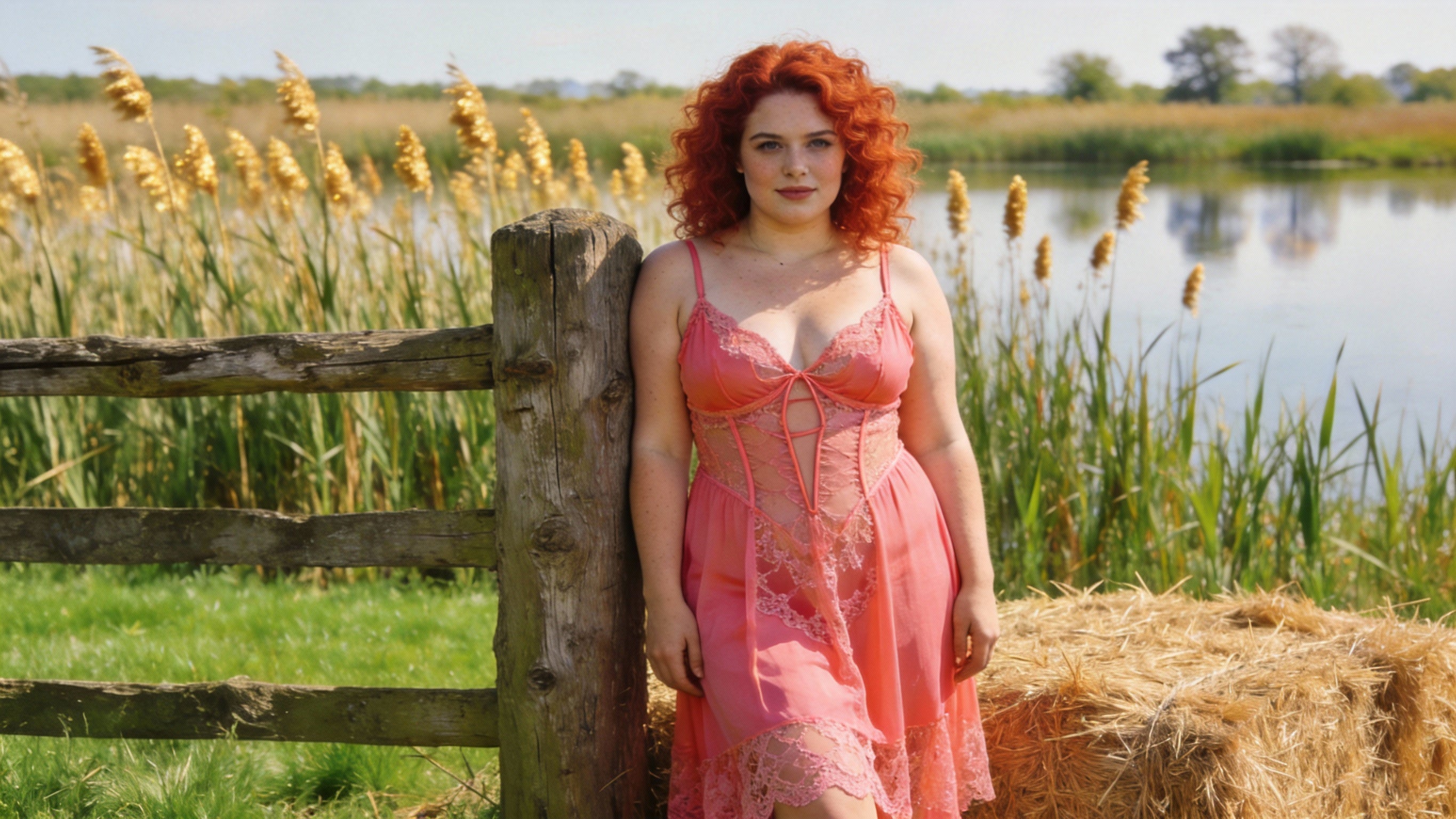 Model wearing a pink lace lingerie dress standing by a wooden fence near a lake with reeds