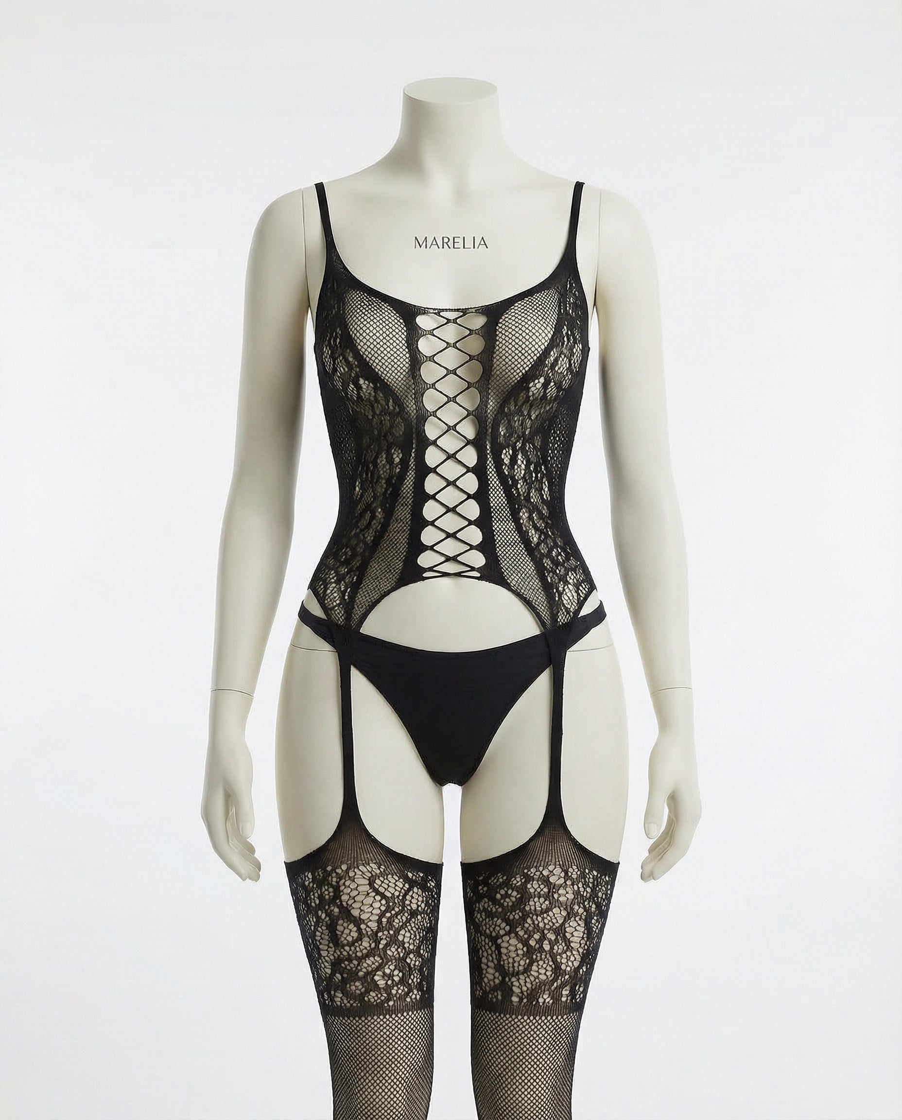 Marelia - Fishnet Lace Teddy With Garter Straps And Stockings Set