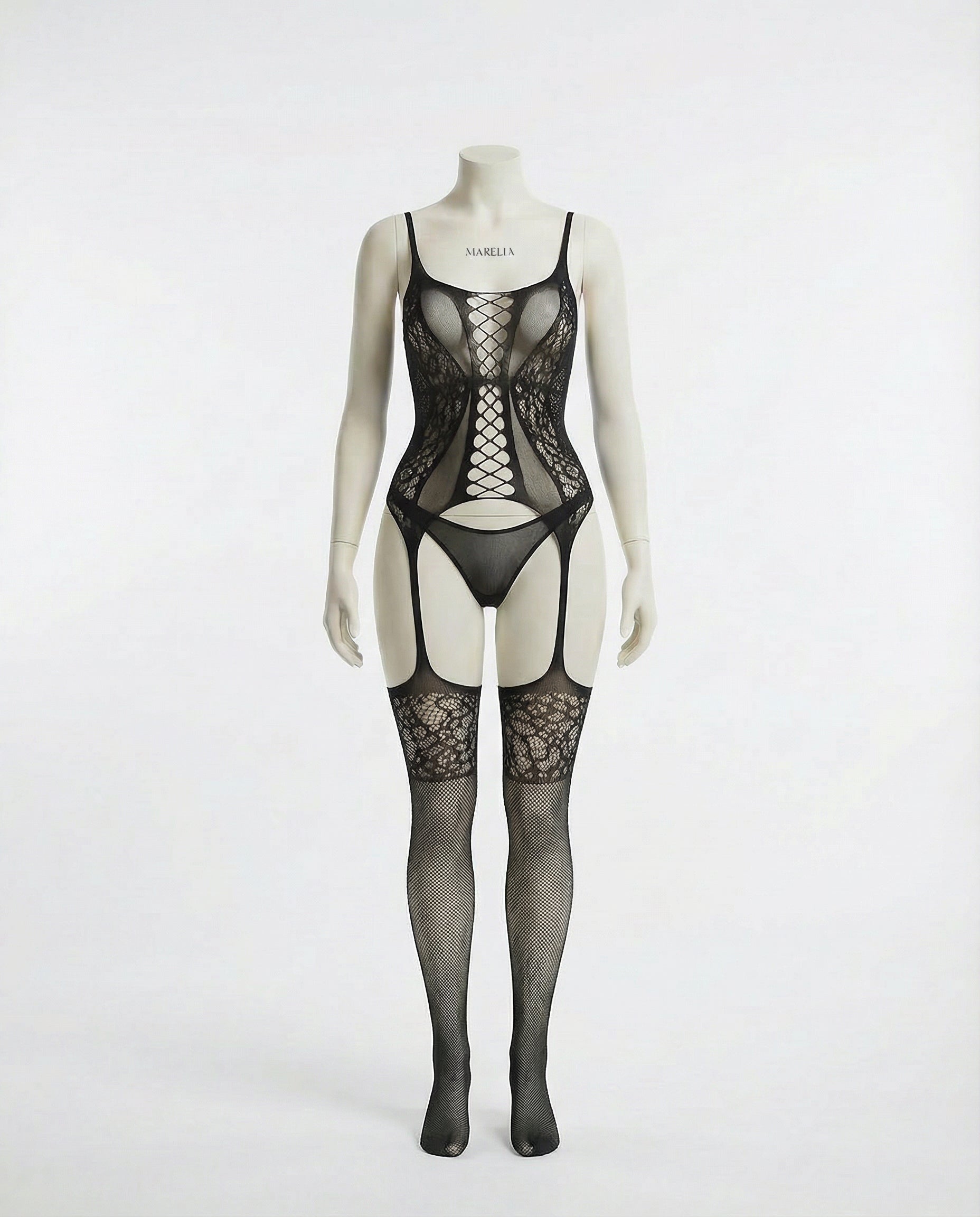 Marelia - Fishnet Lace Teddy With Garter Straps And Stockings Set