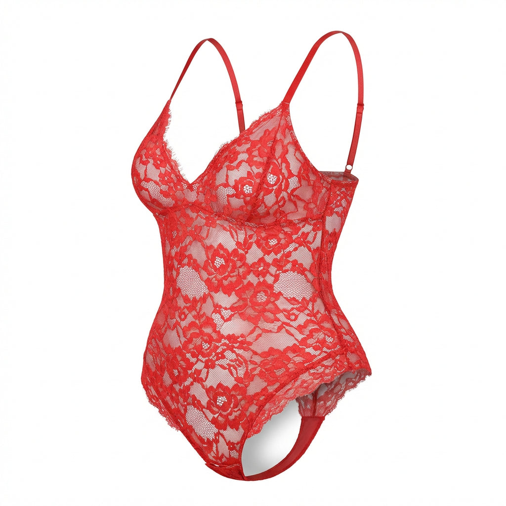 Marelia - Floral Lace Bodysuit With Deep V-Neckline