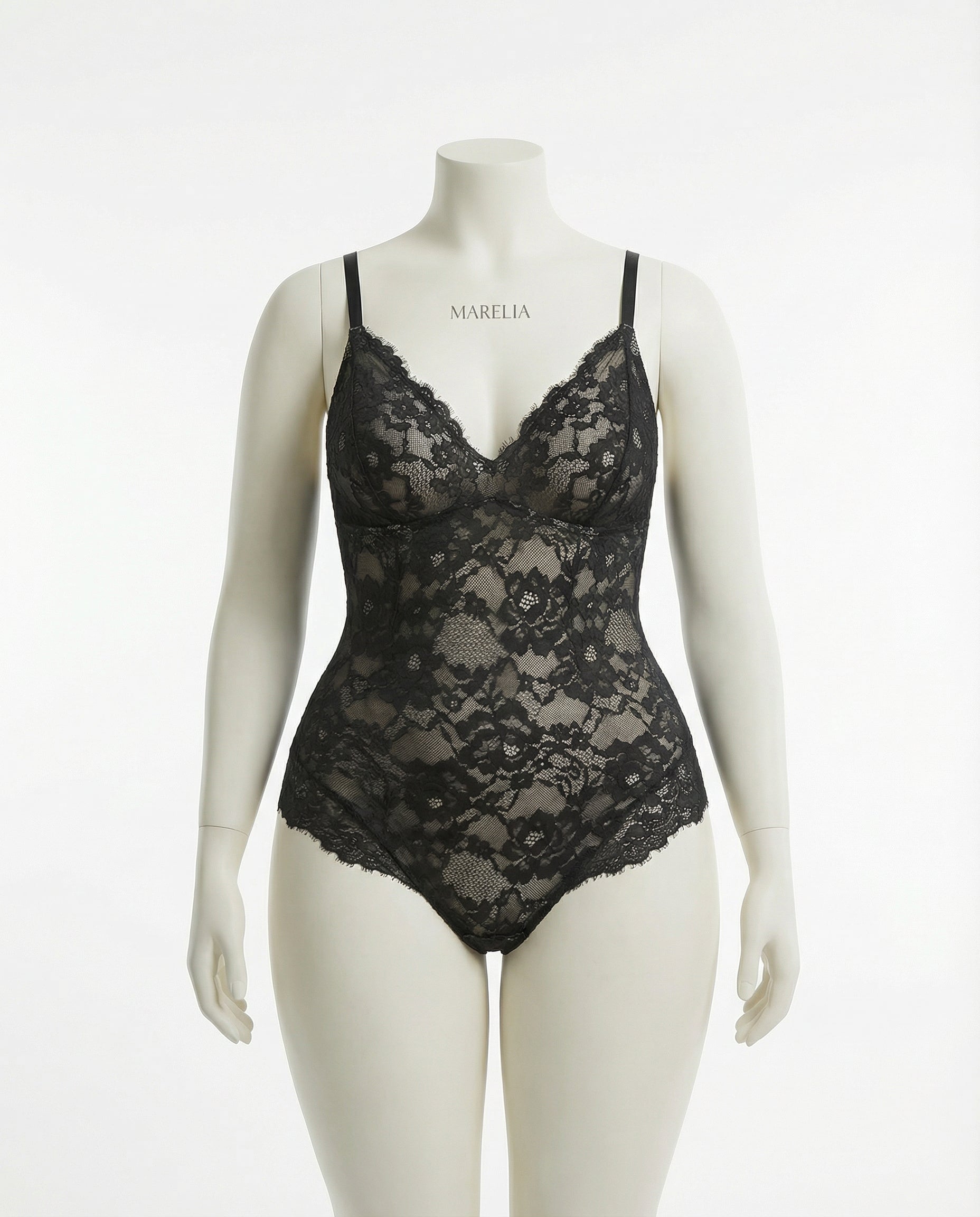 Marelia - Floral Lace Bodysuit With Deep V-Neckline