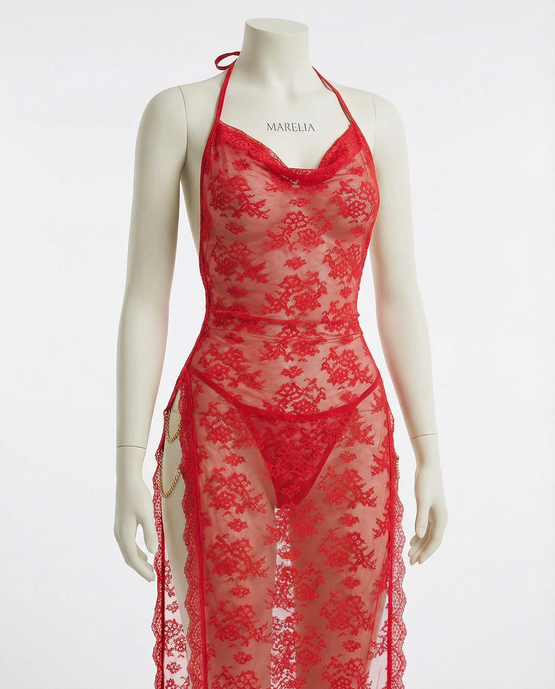 Marelia - Floral Lace Halter Dress With High Slit