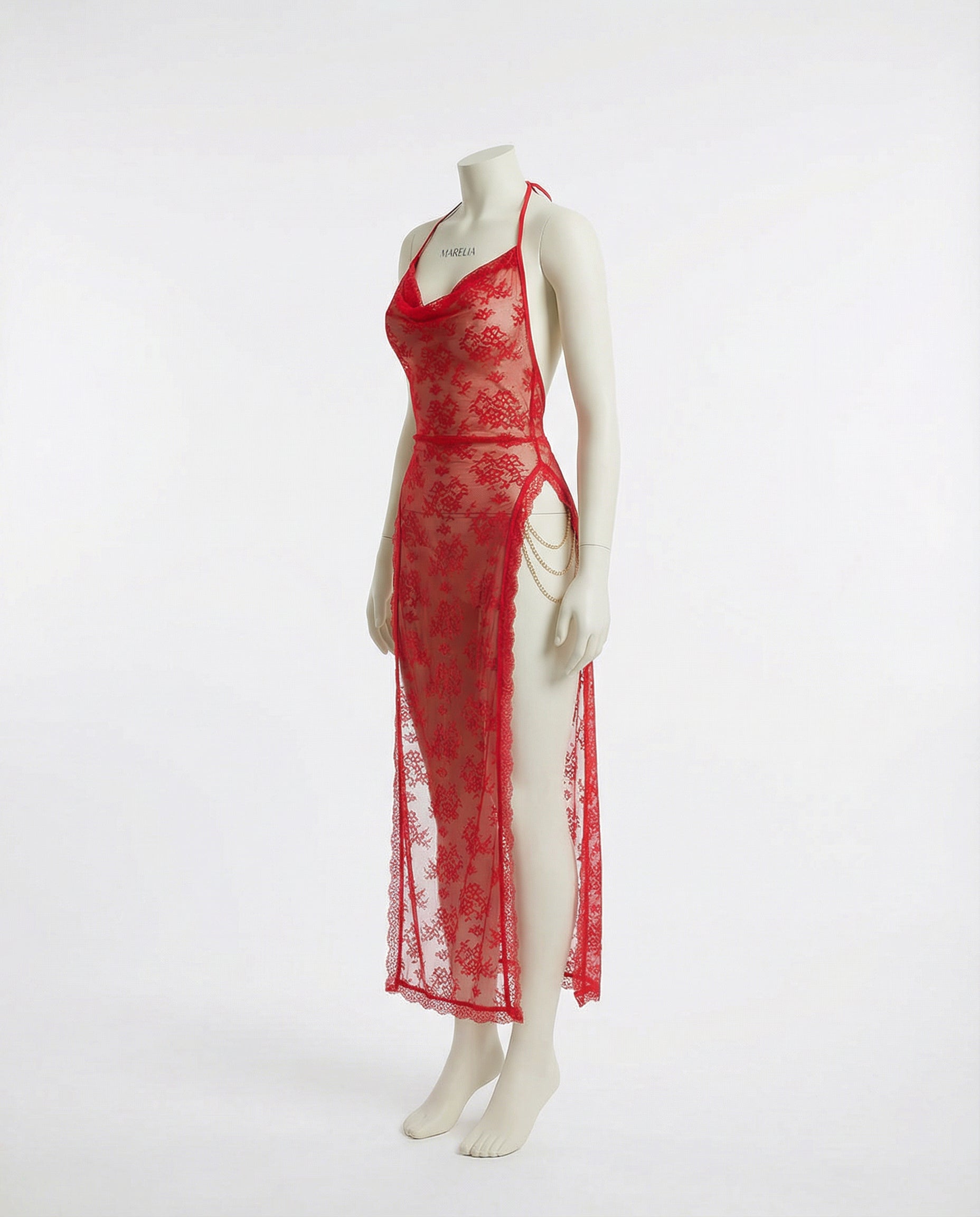 Marelia - Floral Lace Halter Dress With High Slit