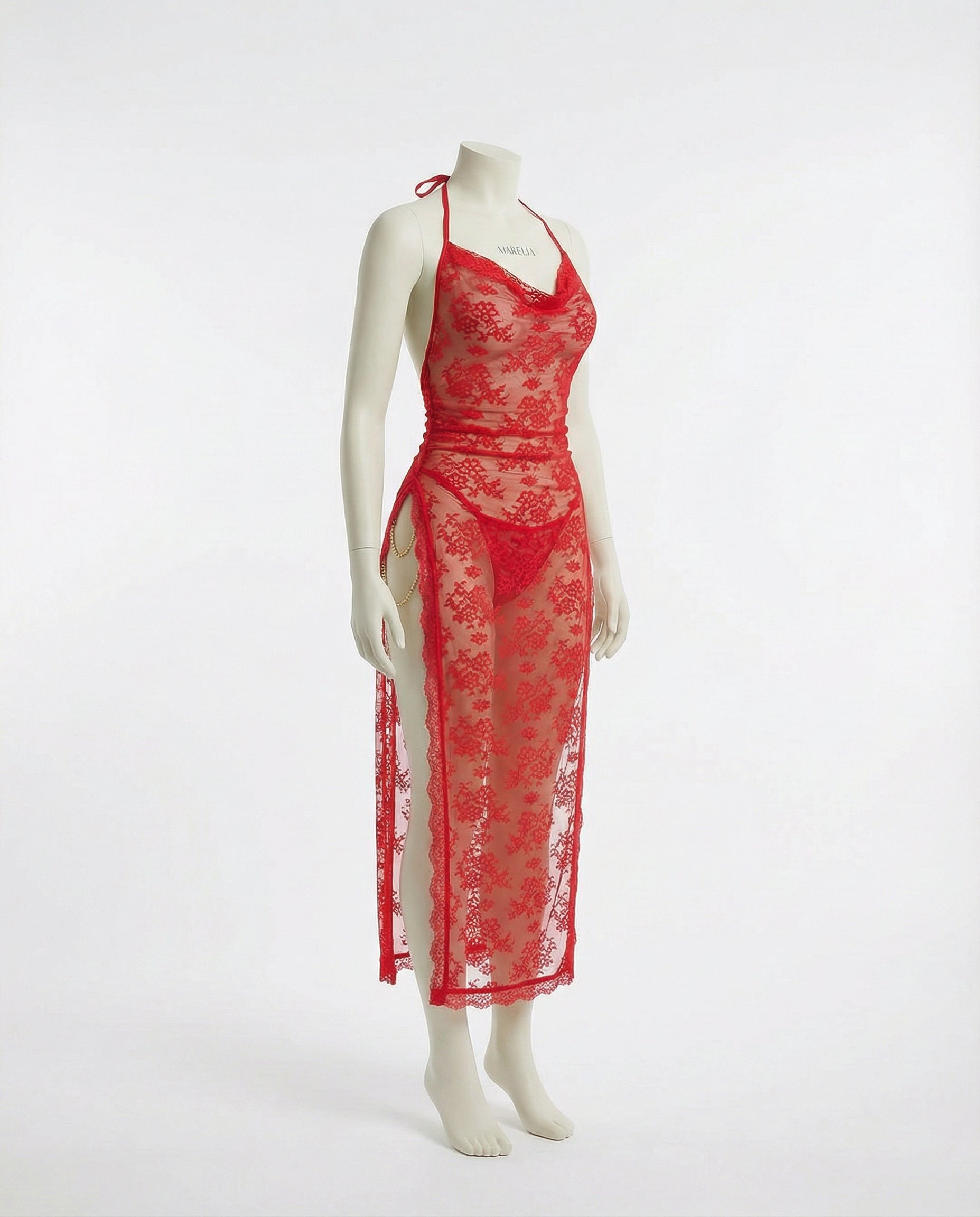 Marelia - Floral Lace Halter Dress With High Slit