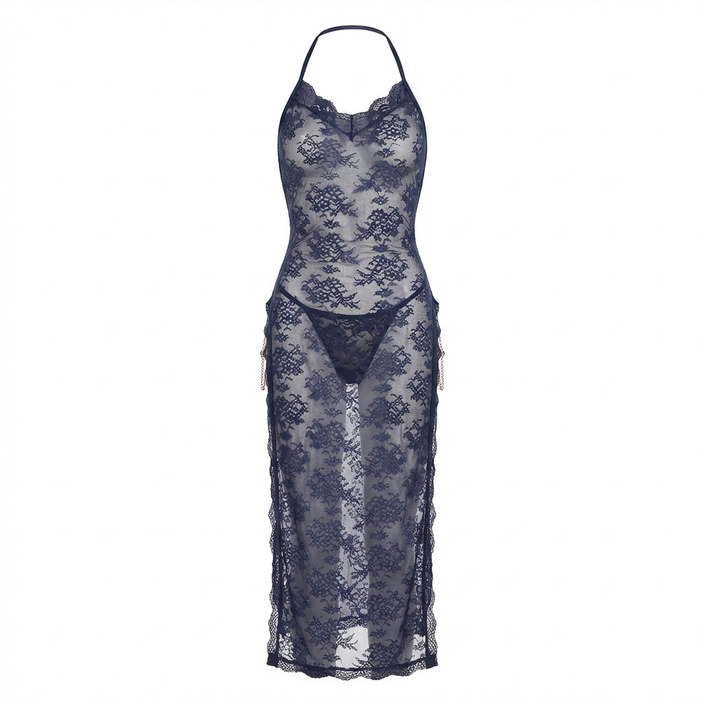 Marelia - Floral Lace Halter Dress With High Slit