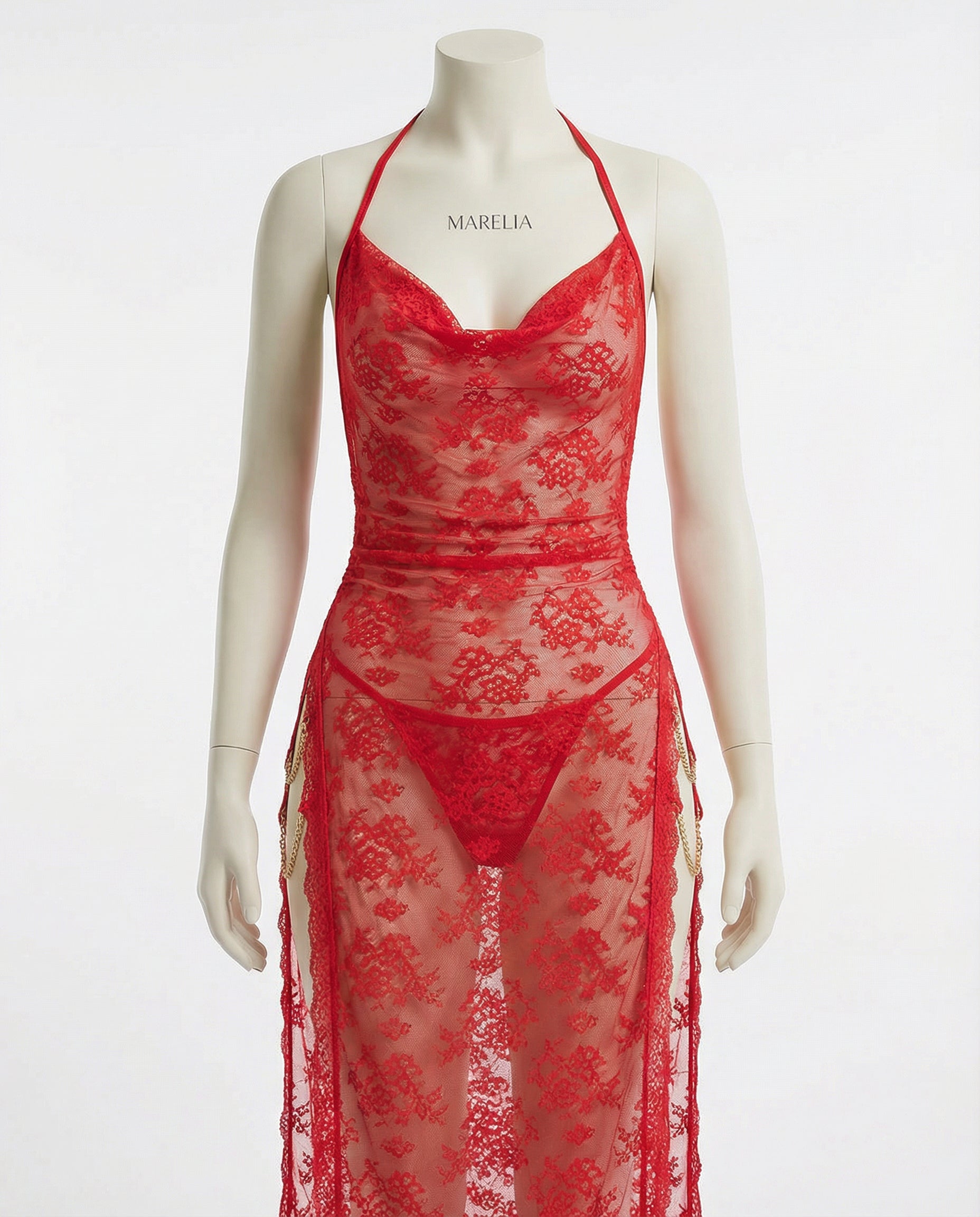 Marelia - Floral Lace Halter Dress With High Slit