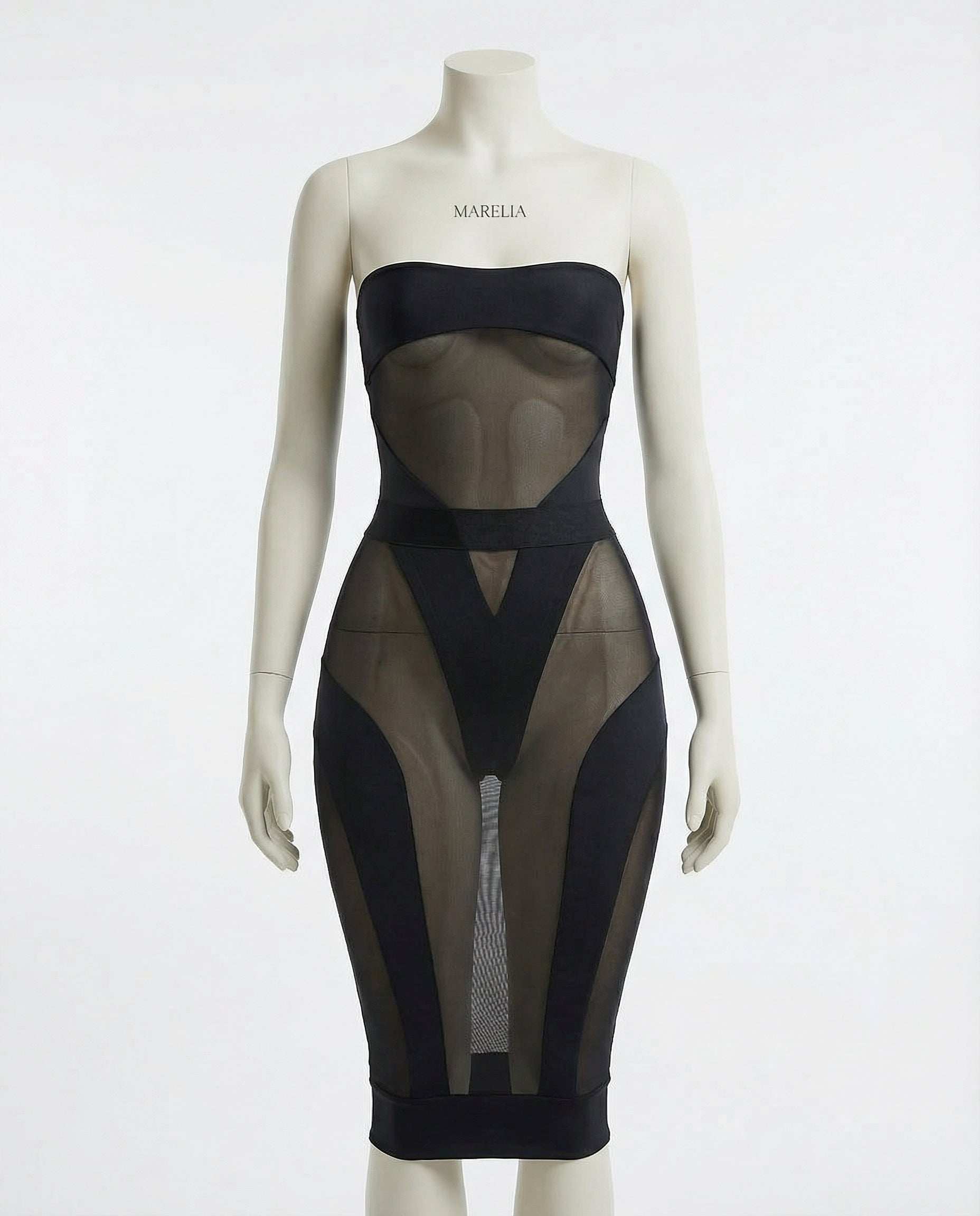 Sheer Mesh Panel Strapless Midi Dress