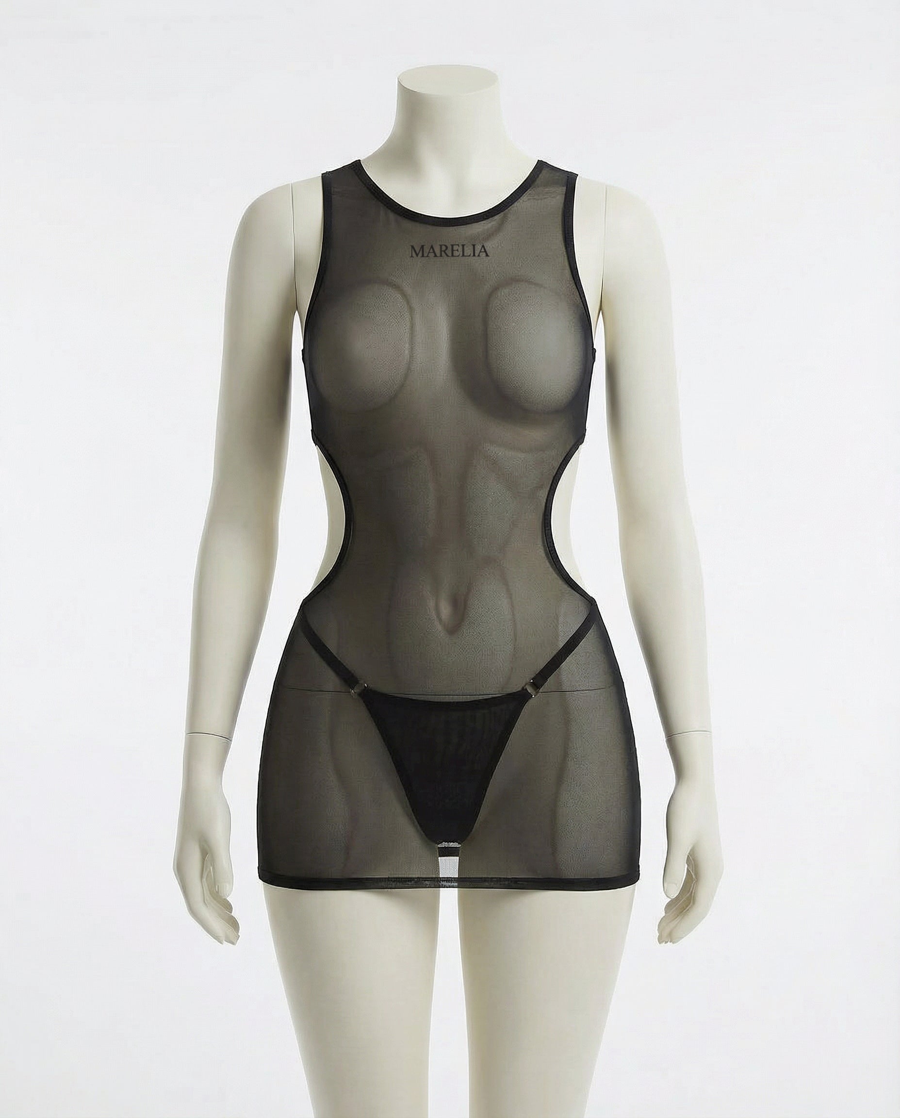 Sheer Mesh Cutout Chemise With Halter Neck