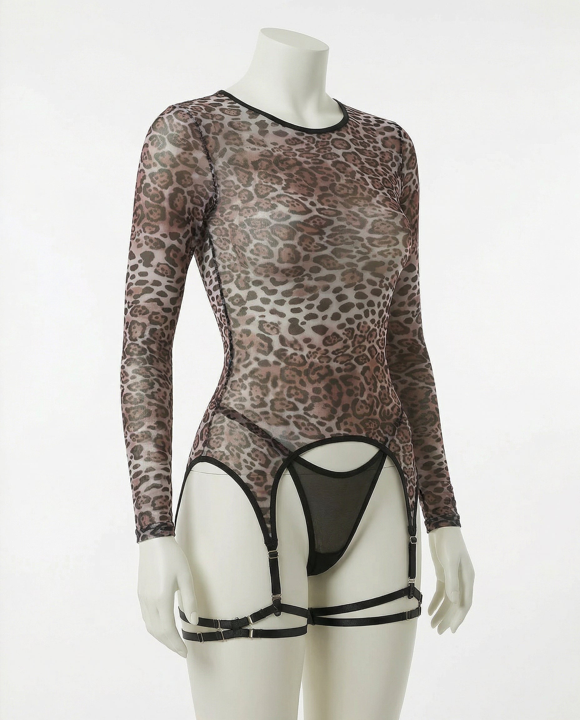 Leopard Print Mesh Bodysuit With Garter Straps And Thong Set