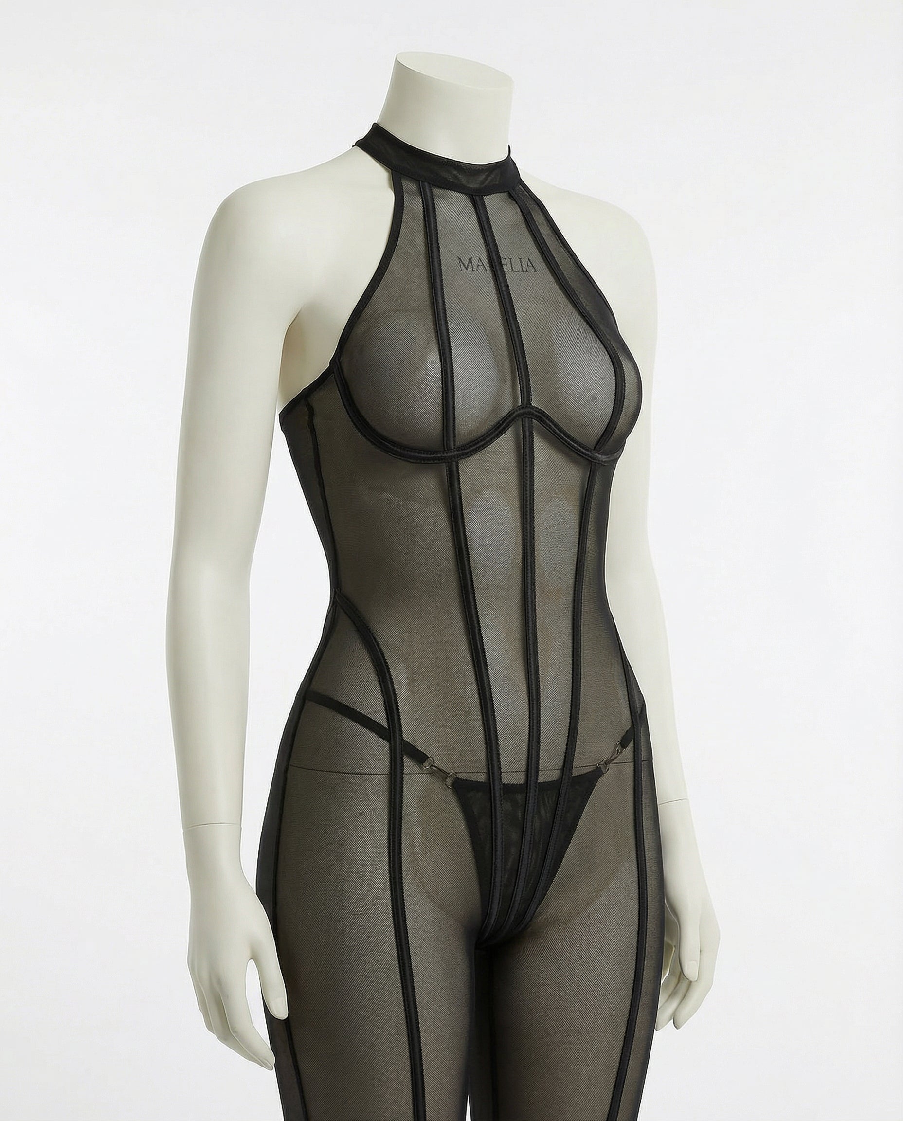 Sheer Mesh Bodystocking With Front Zip And G-String Set