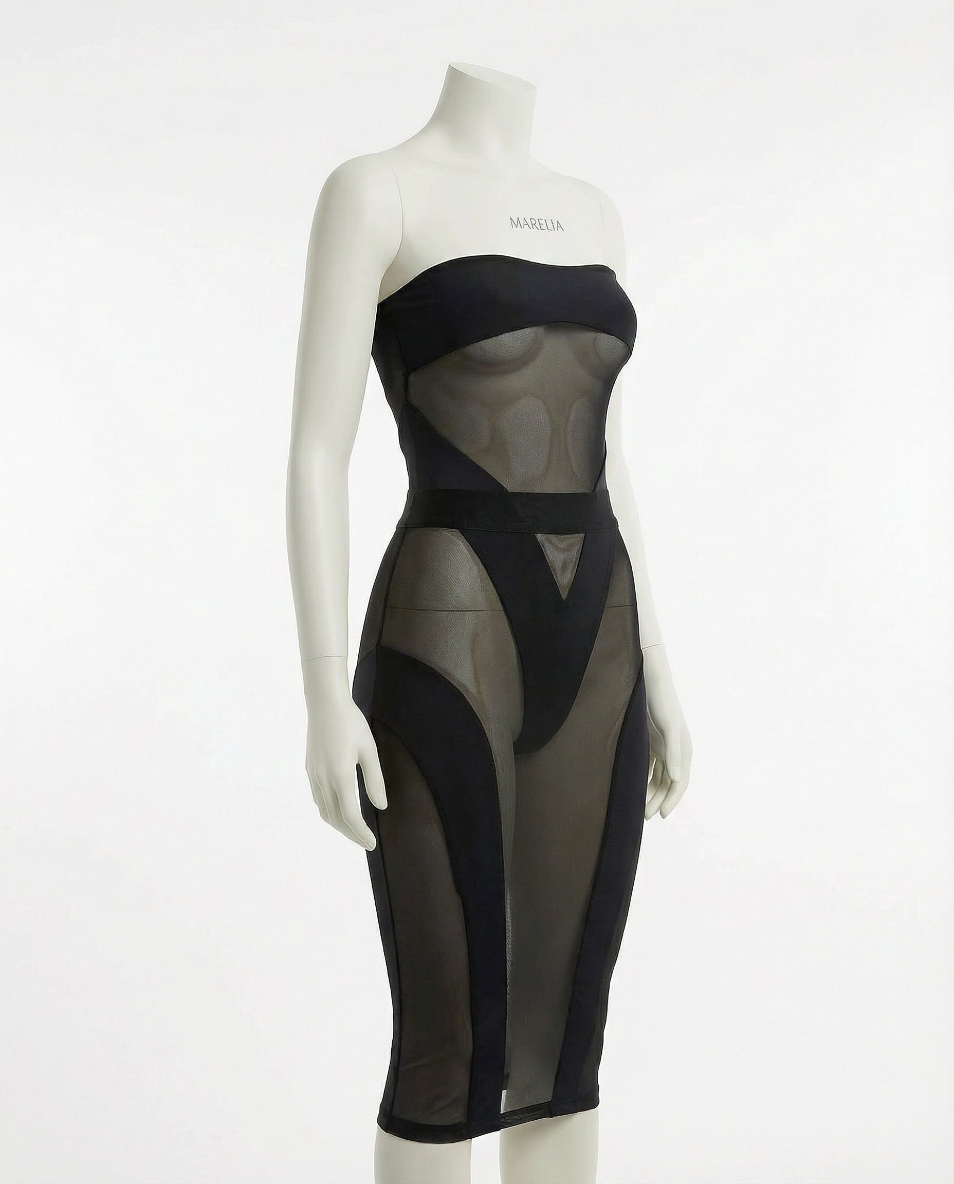 Sheer Mesh Panel Strapless Midi Dress