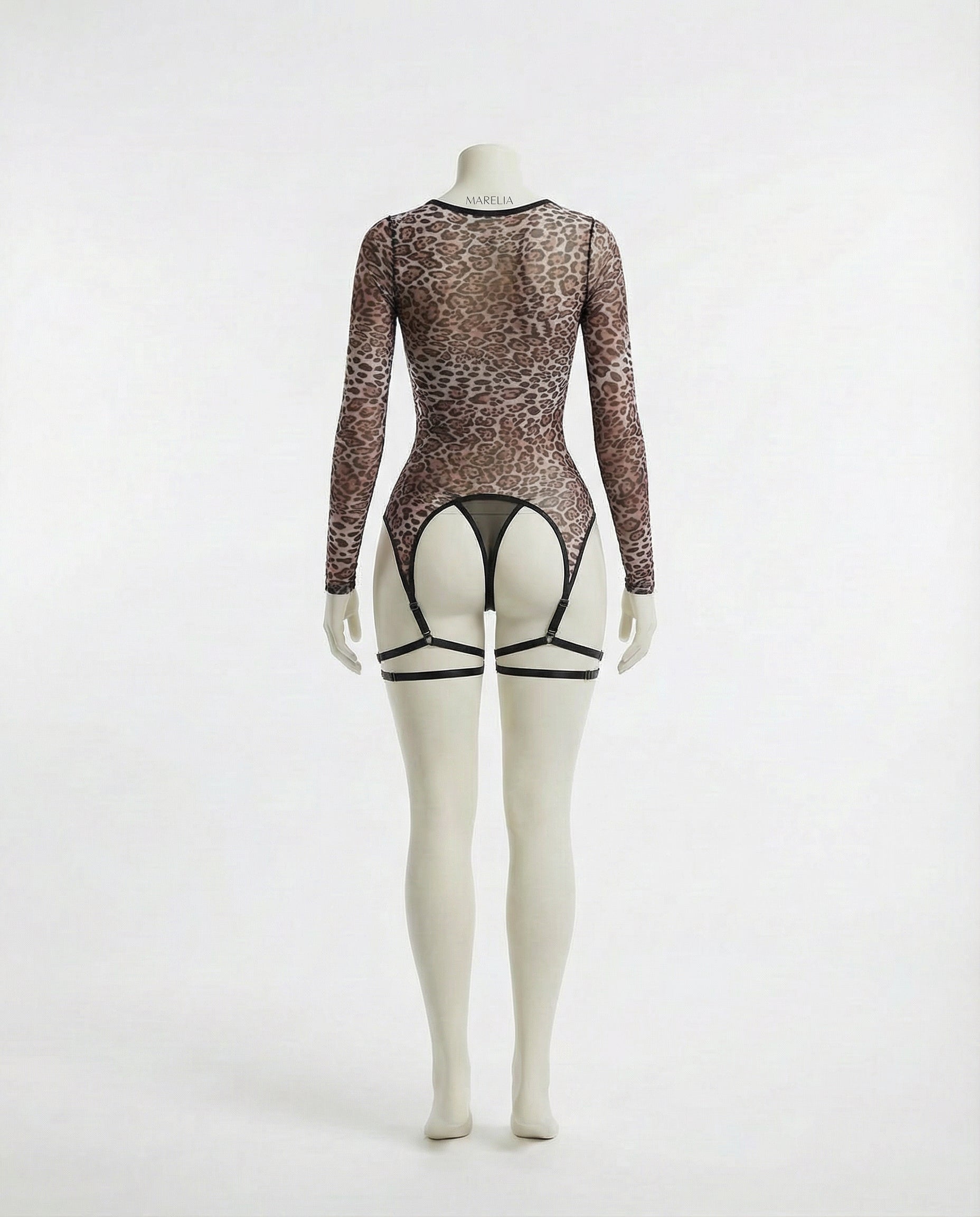 Leopard Print Mesh Bodysuit With Garter Straps And Thong Set
