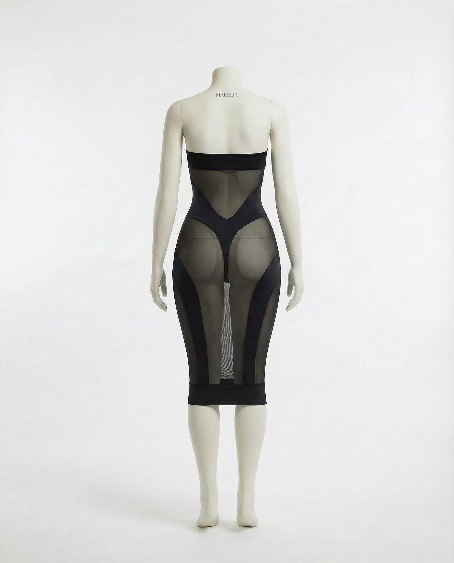 Sheer Mesh Panel Strapless Midi Dress