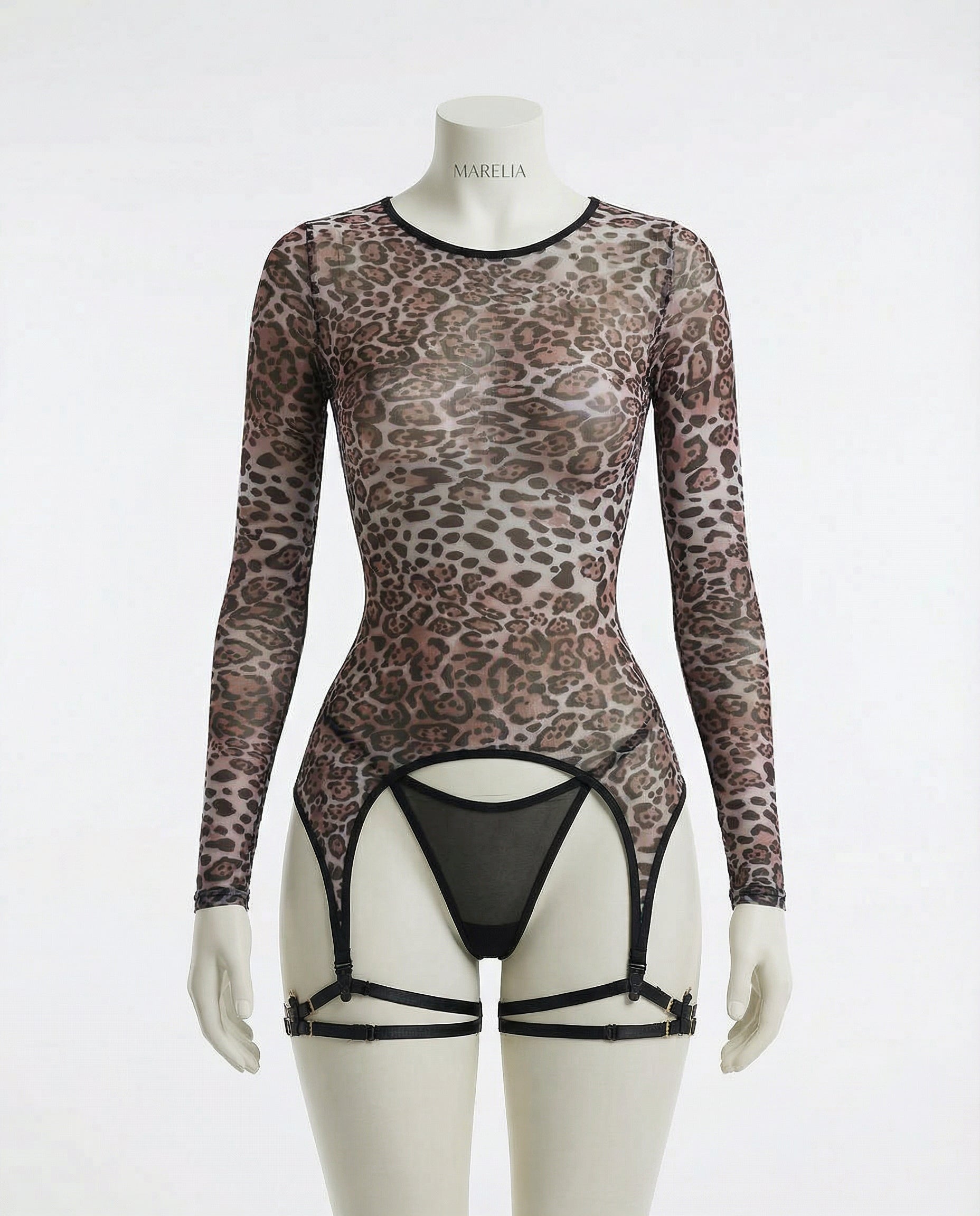 Leopard Print Mesh Bodysuit With Garter Straps And Thong Set