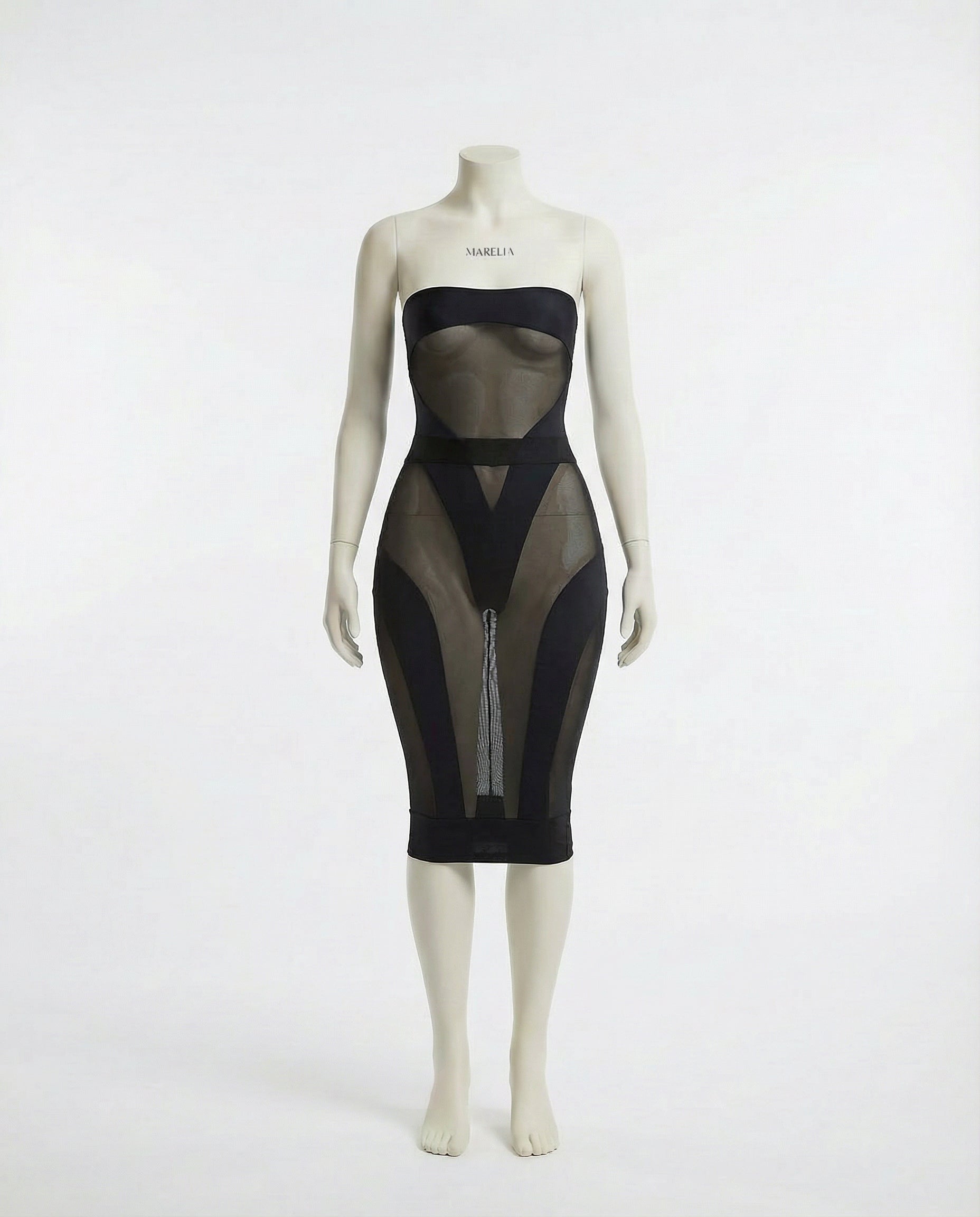 Sheer Mesh Panel Strapless Midi Dress