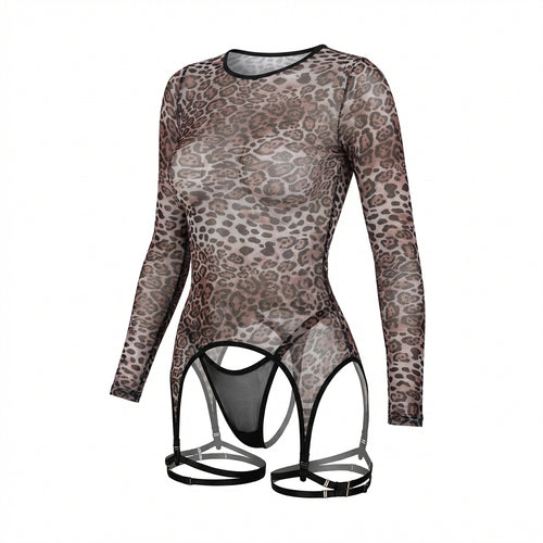 Leopard Print Mesh Bodysuit With Garter Straps And Thong Set