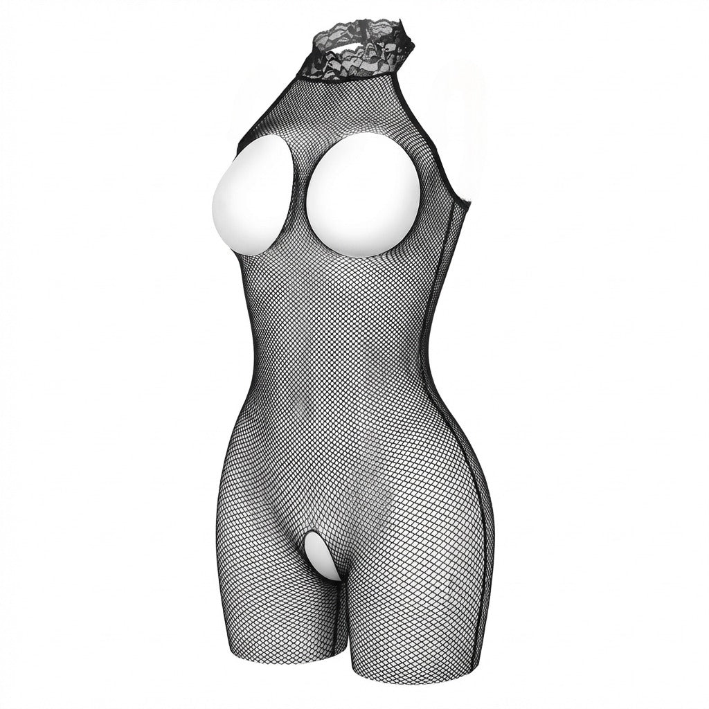 Black crotchless open cup fishnet bodystocking