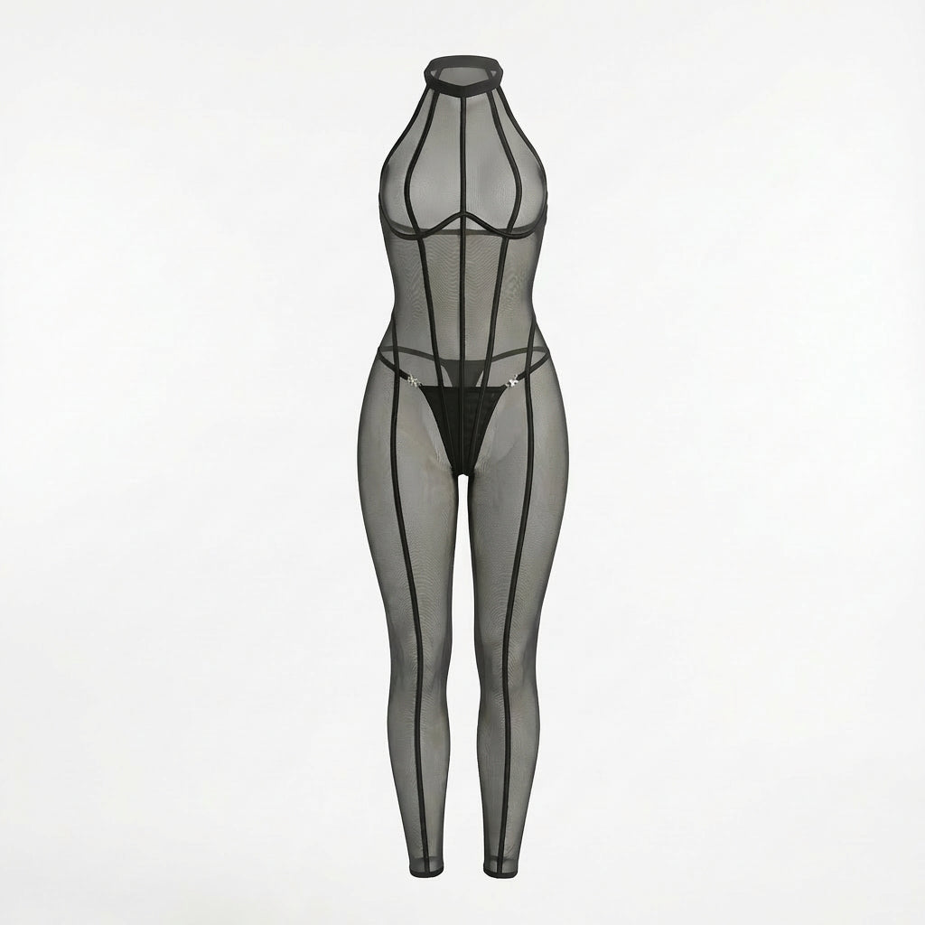 Sheer Mesh Bodystocking With Front Zip And G-String Set