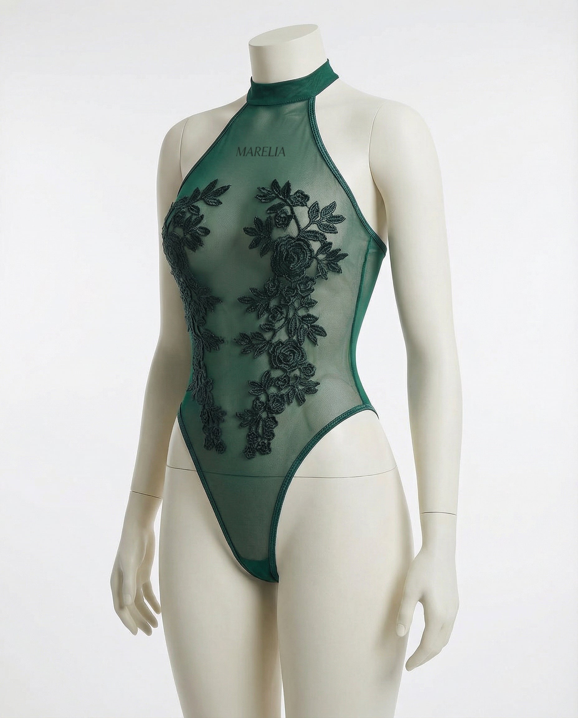 Marelia - Lace Appliqué Halter Bodysuit With Back Cutout