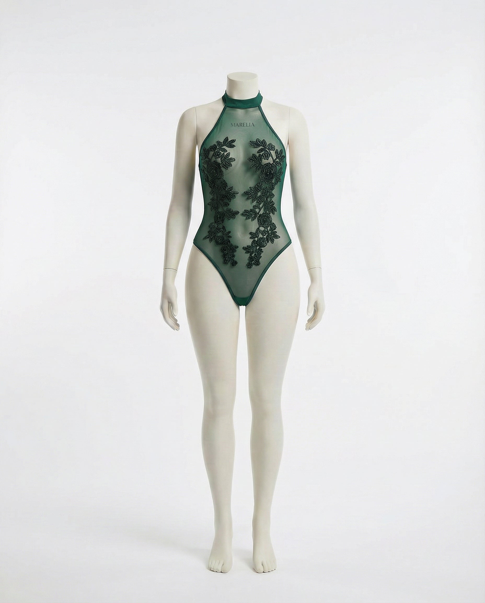 Marelia - Lace Appliqué Halter Bodysuit With Back Cutout