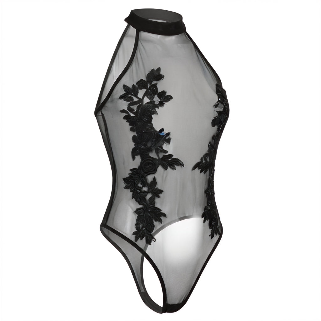 Marelia - Lace Appliqué Halter Bodysuit With Back Cutout