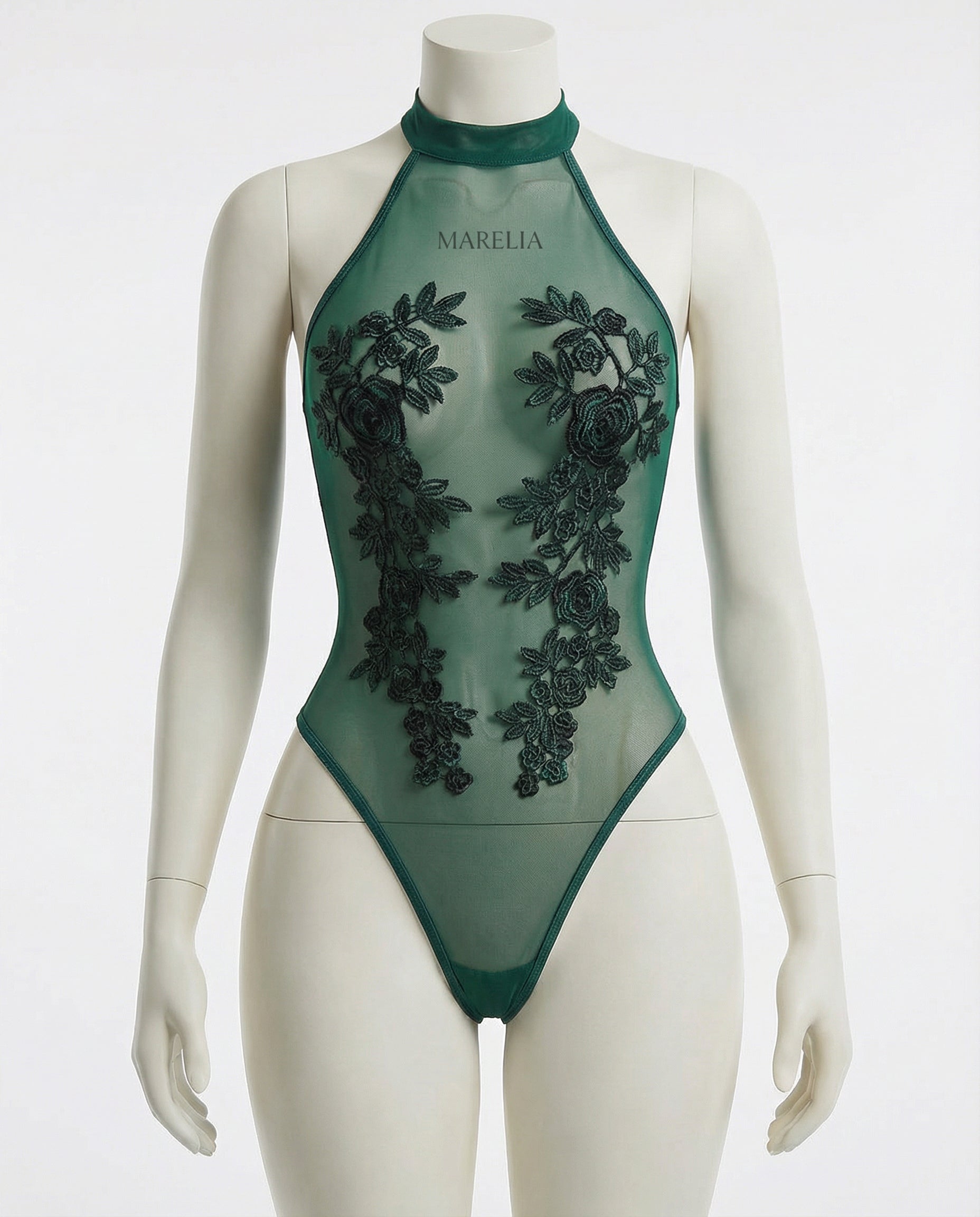 Marelia - Lace Appliqué Halter Bodysuit With Back Cutout