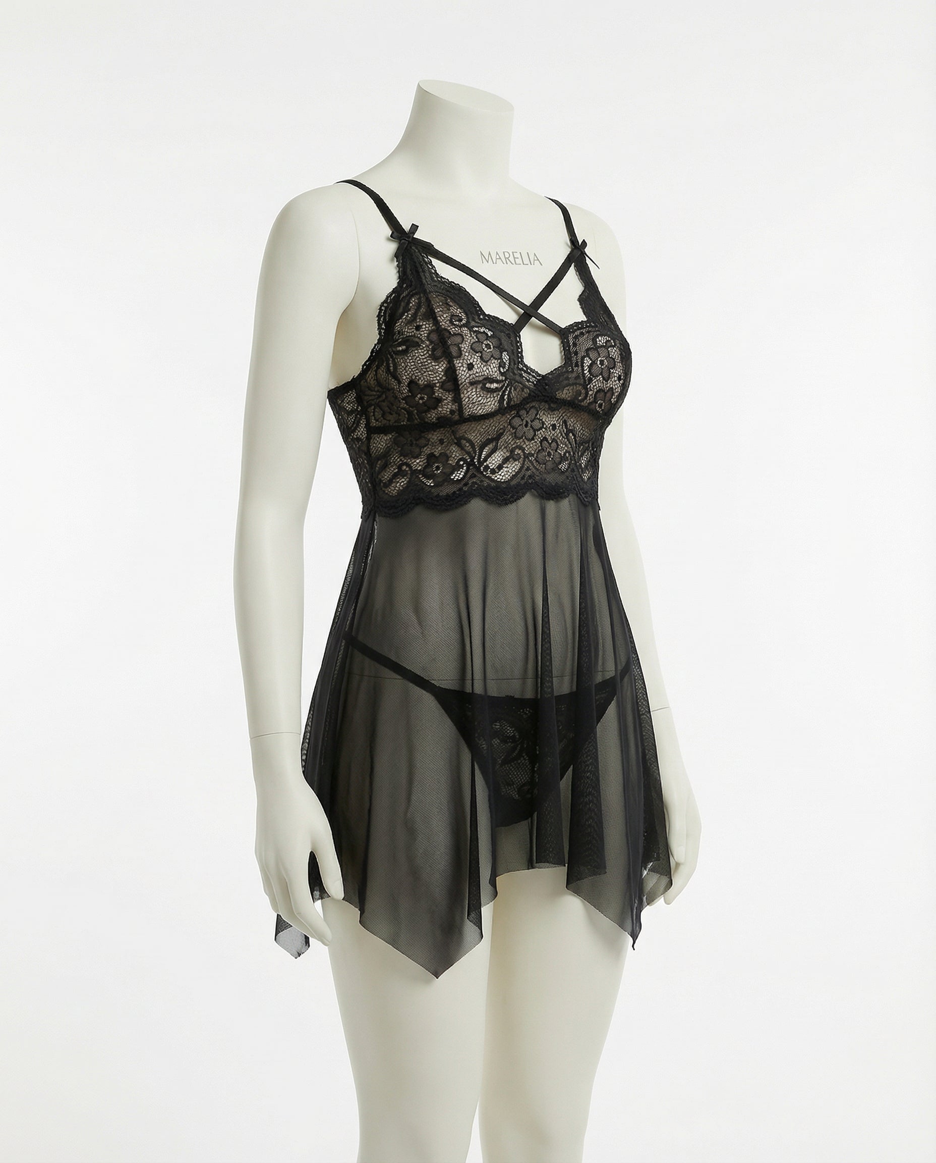 Marelia - Lace Babydoll With Strappy Cutout Detail And Mesh Skirt