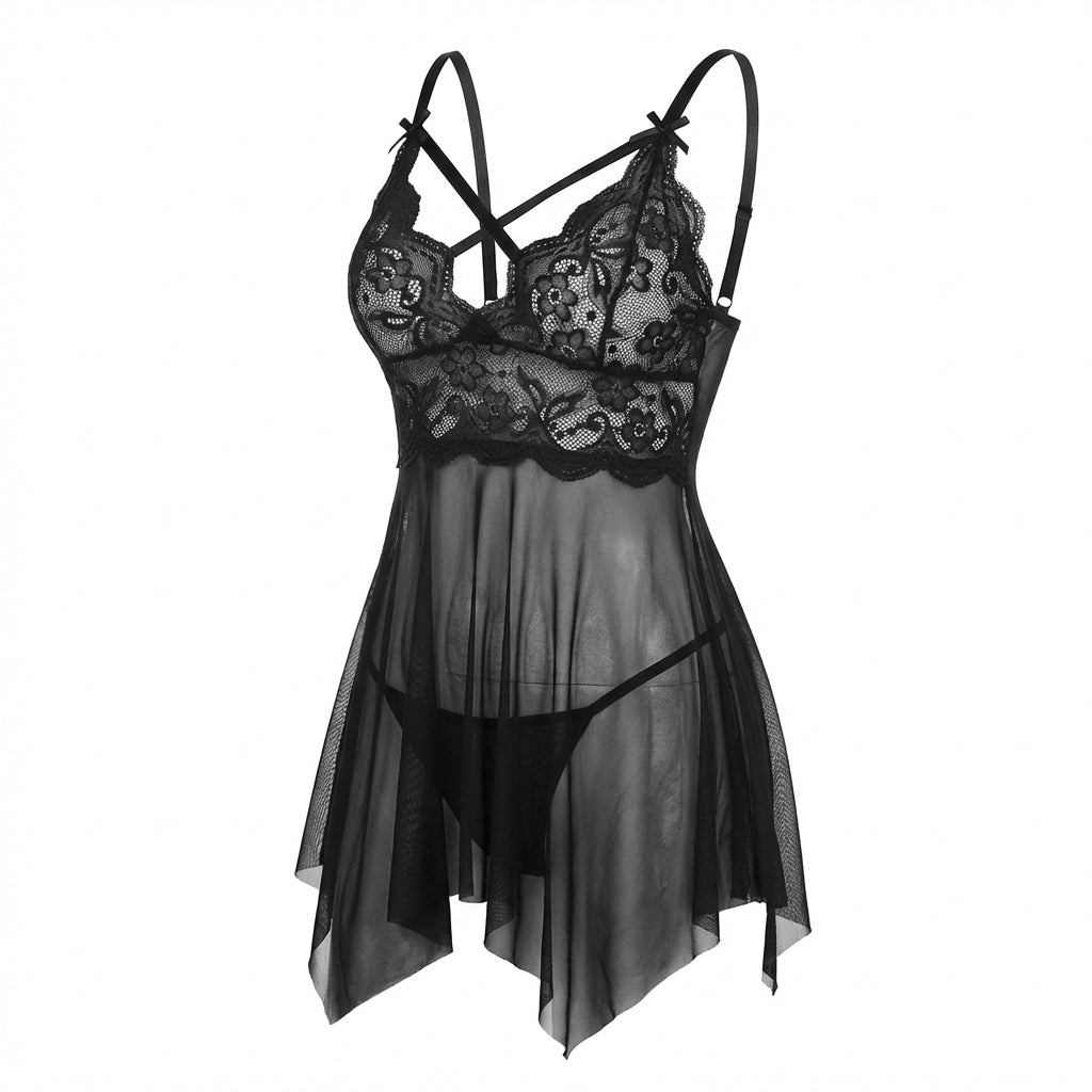 Marelia - Lace Babydoll With Strappy Cutout Detail And Mesh Skirt