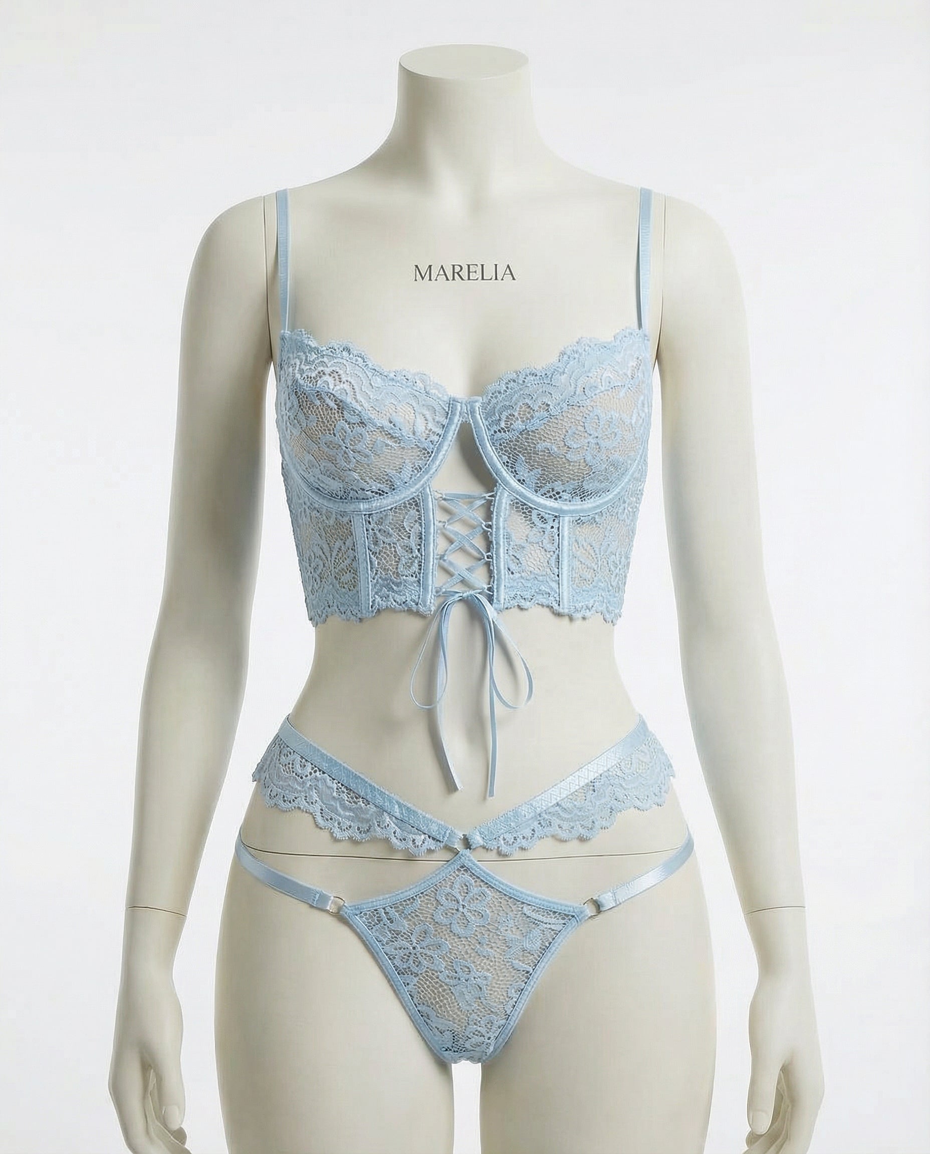 Marelia - Lace Bra And Thong Set With Corset Lace-Up Detail