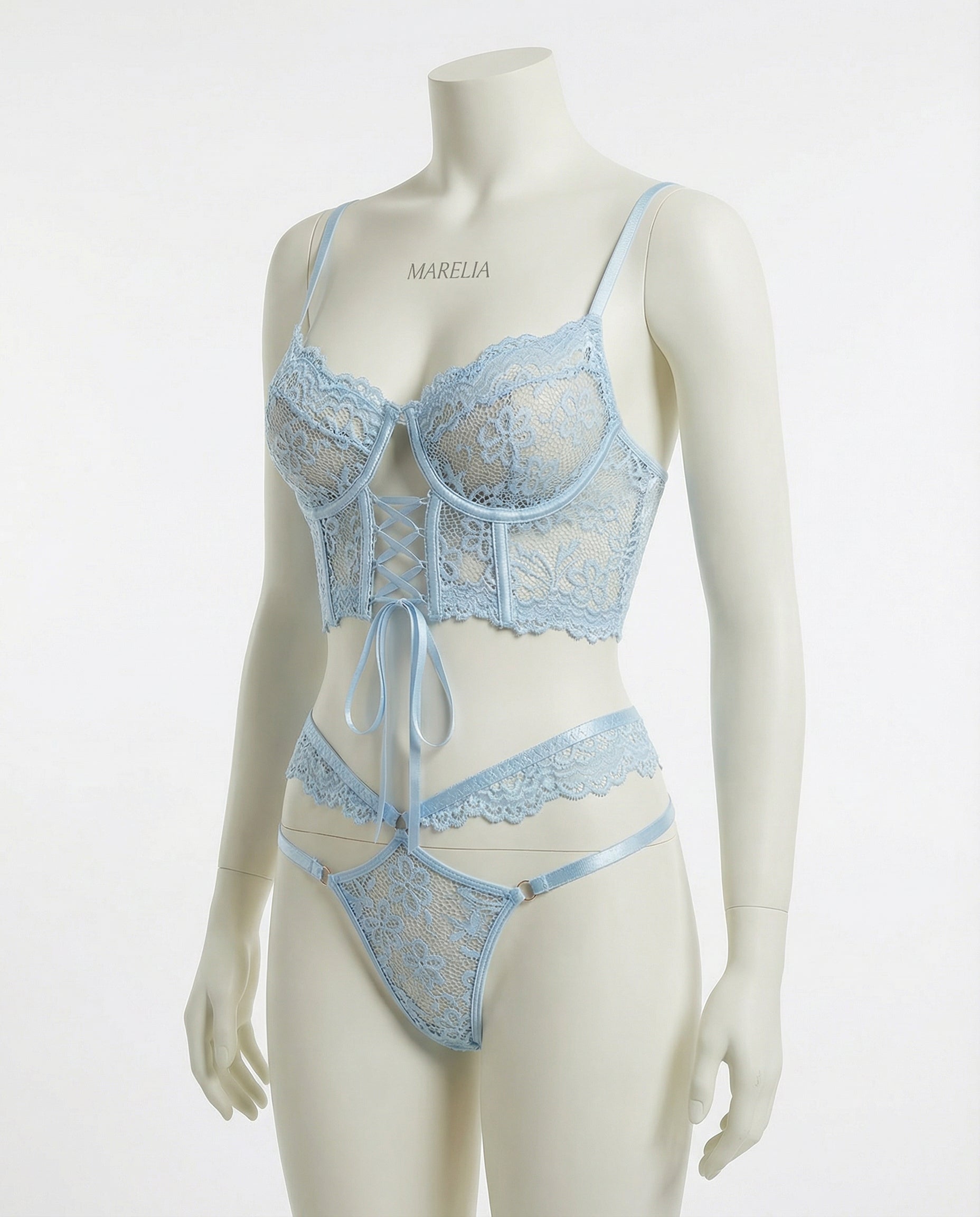 Marelia - Lace Bra And Thong Set With Corset Lace-Up Detail