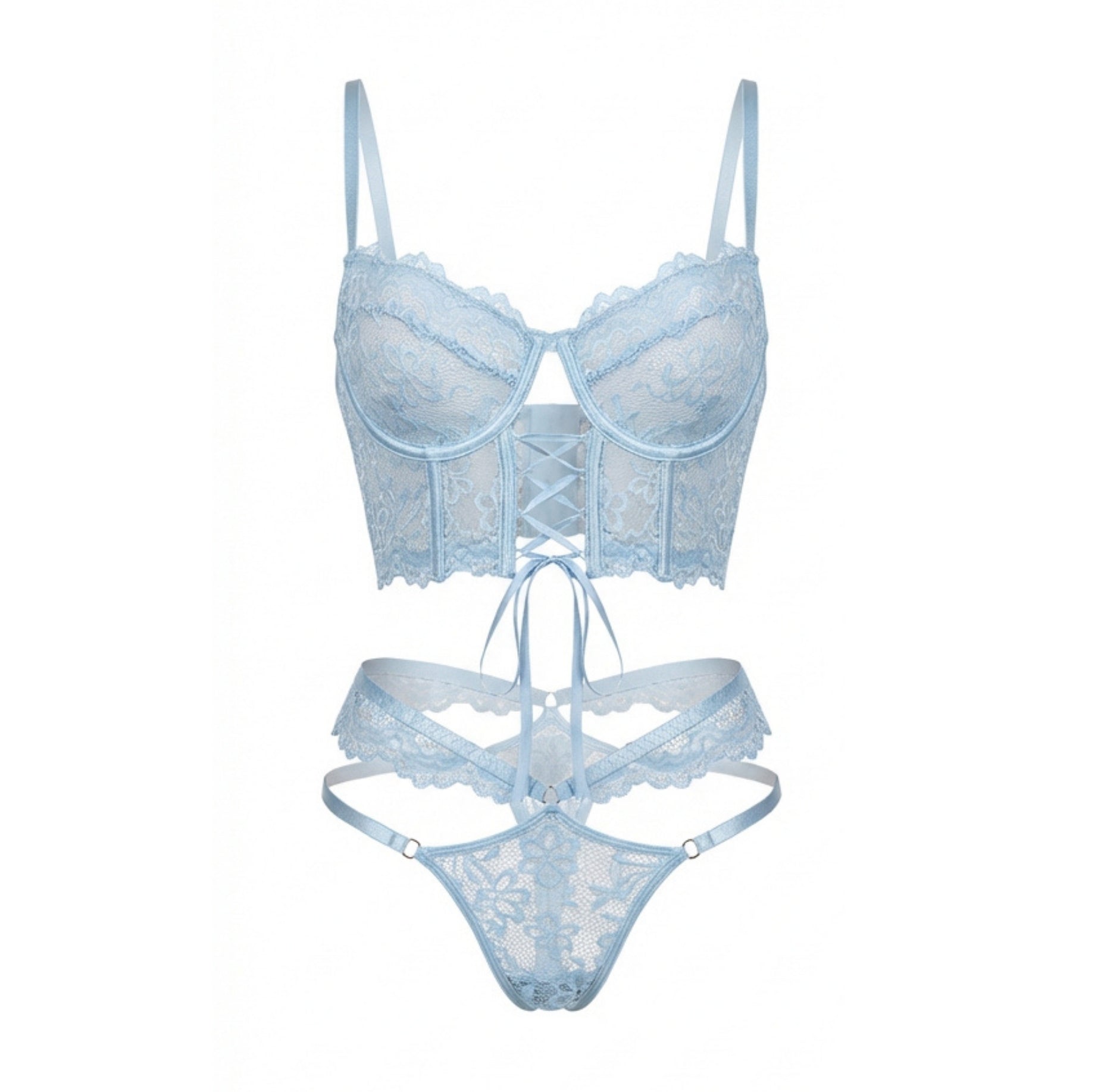 Marelia - Lace Bra And Thong Set With Corset Lace-Up Detail