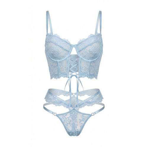 Marelia - Lace Bra And Thong Set With Corset Lace-Up Detail