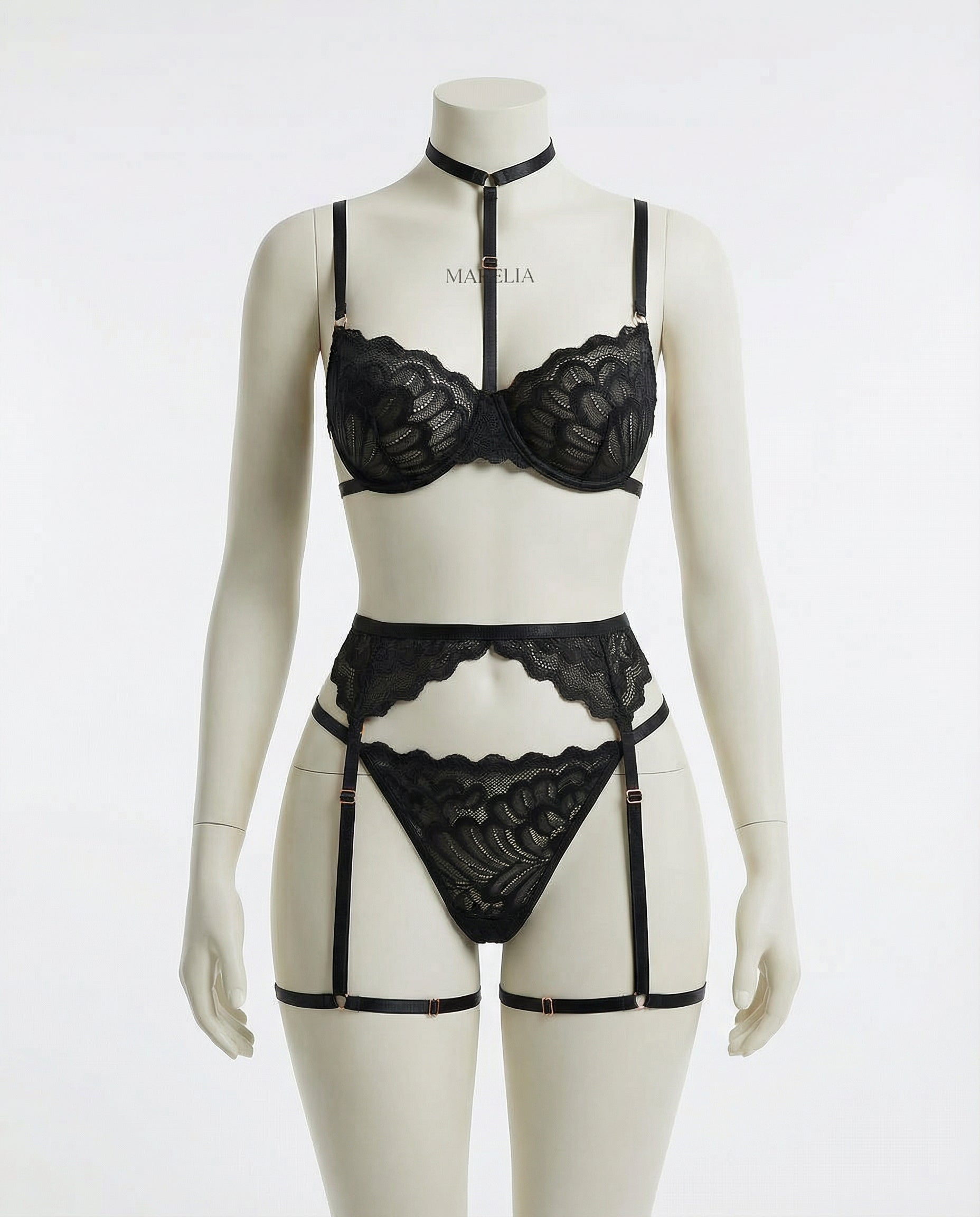 Marelia - Lace Bra High Waist Suspender Brief And Thigh Garter Set