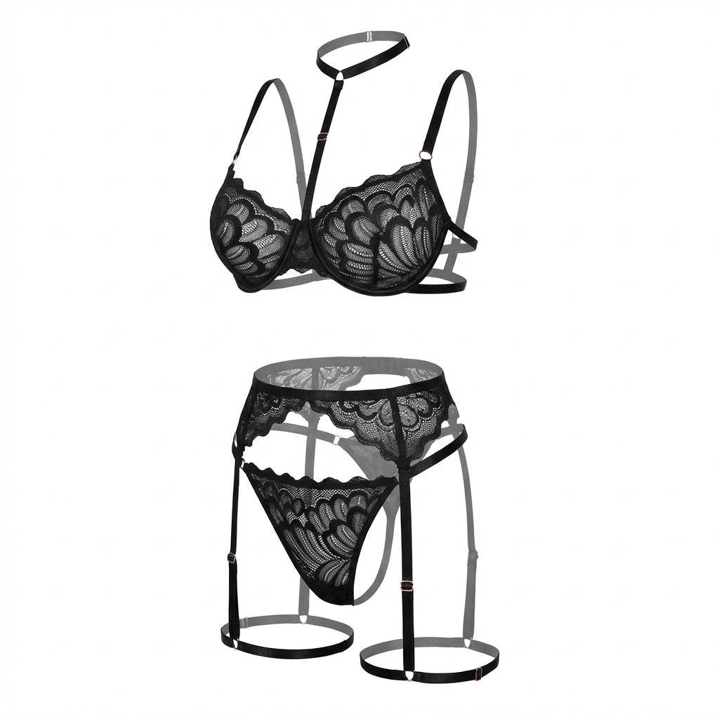 Marelia - Lace Bra High Waist Suspender Brief And Thigh Garter Set