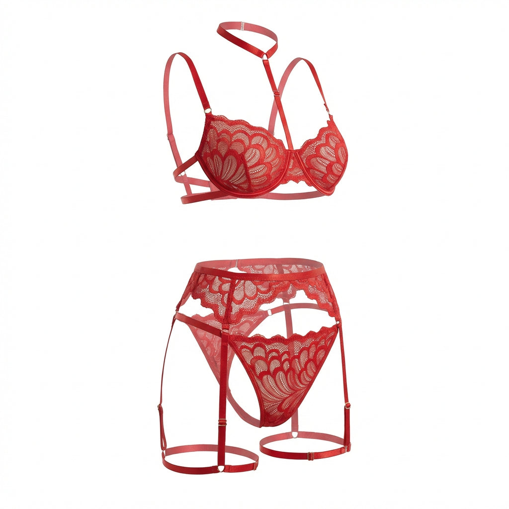 Marelia - Lace Bra High Waist Suspender Brief And Thigh Garter Set