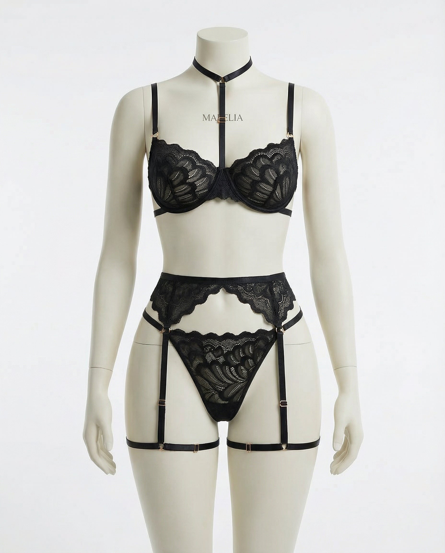 Marelia - Lace Bra High Waist Suspender Brief And Thigh Garter Set